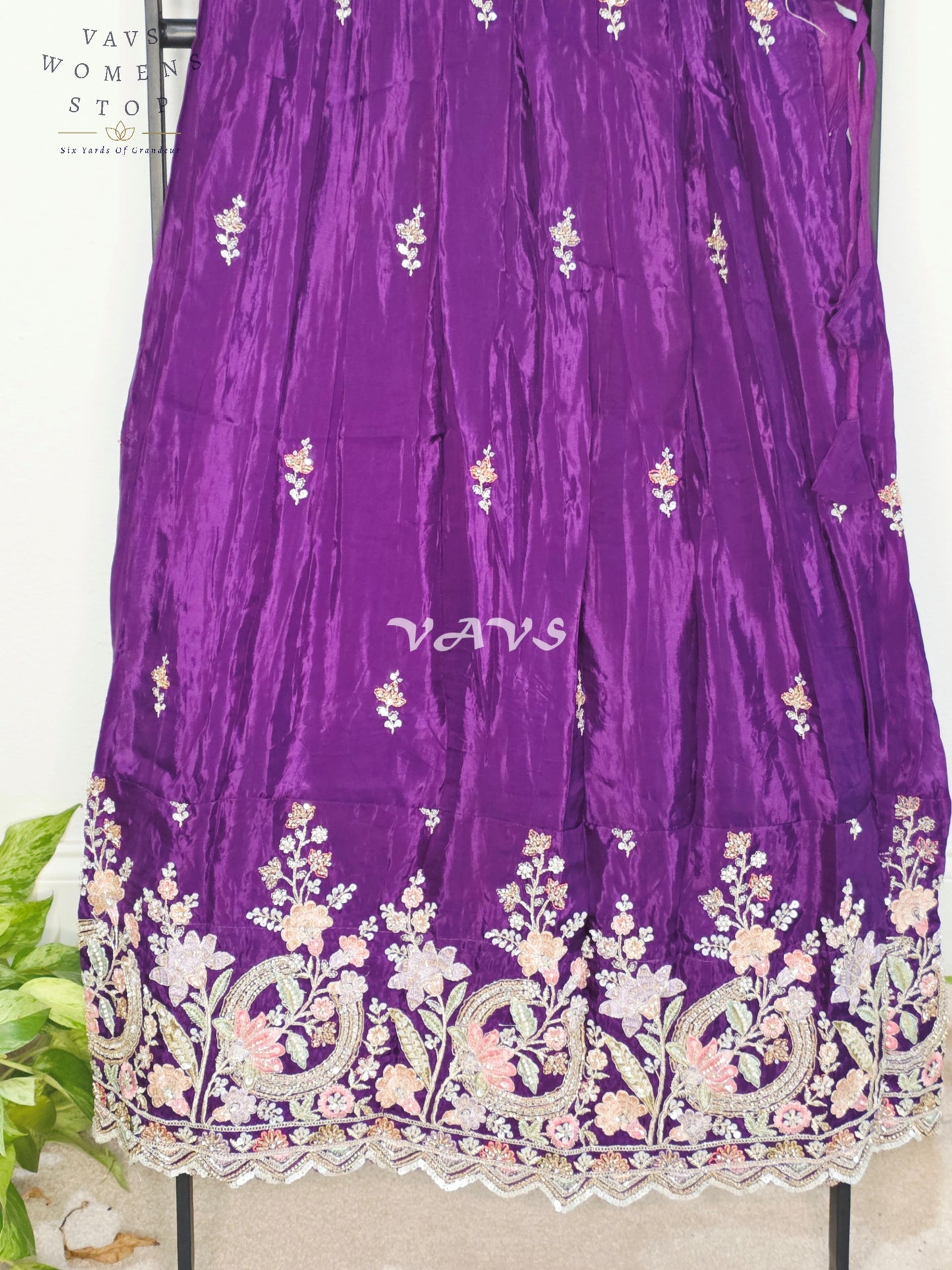 Royal Deep Amethyst Purple Premium Crepe Silk Embroidered Lehenga Set with Ivory Tissue Crop Top for Girls Ages 12–13