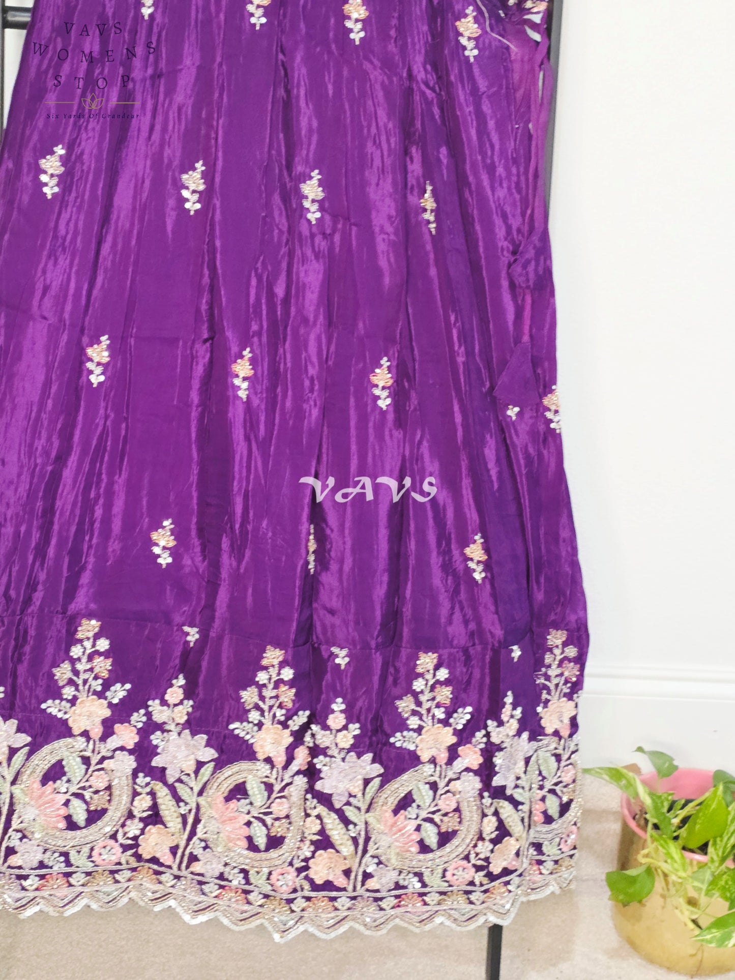 Royal Deep Amethyst Purple Premium Crepe Silk Embroidered Lehenga Set with Ivory Tissue Crop Top for Girls Ages 12–13