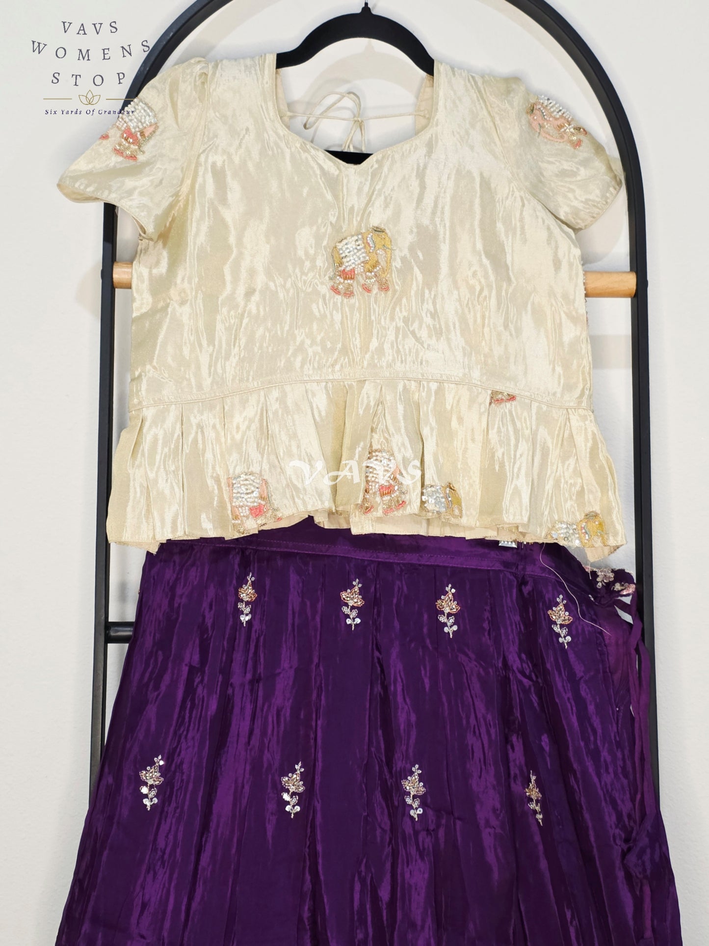 Royal Deep Amethyst Purple Premium Crepe Silk Embroidered Lehenga Set with Ivory Tissue Crop Top for Girls Ages 12–13