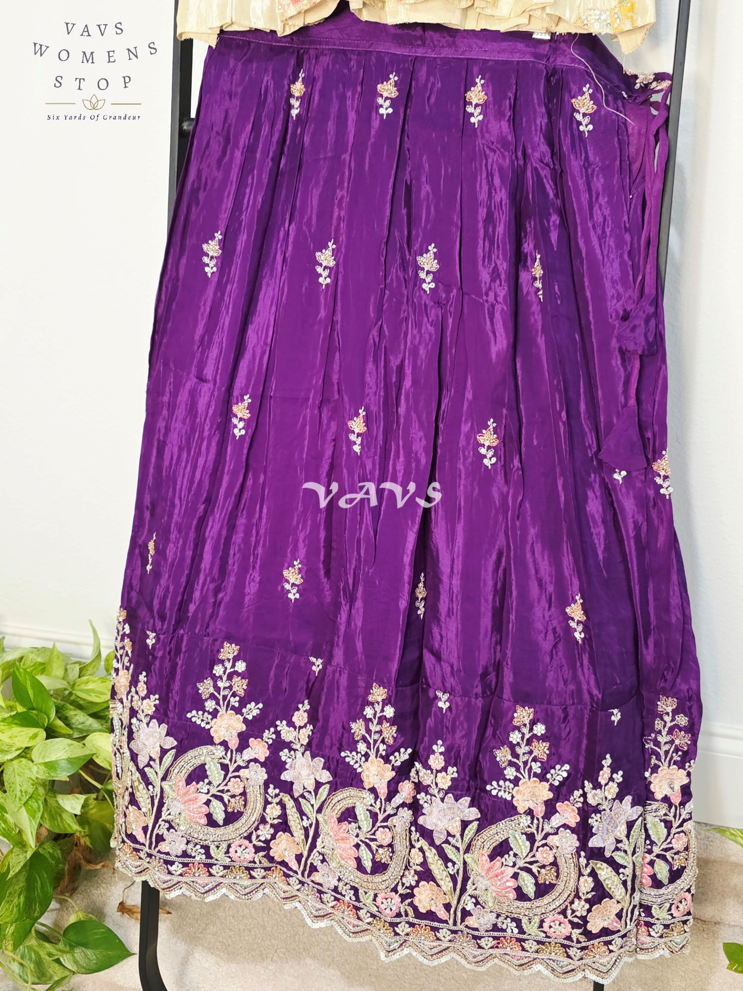 Royal Deep Amethyst Purple Premium Crepe Silk Embroidered Lehenga Set with Ivory Tissue Crop Top for Girls Ages 12–13