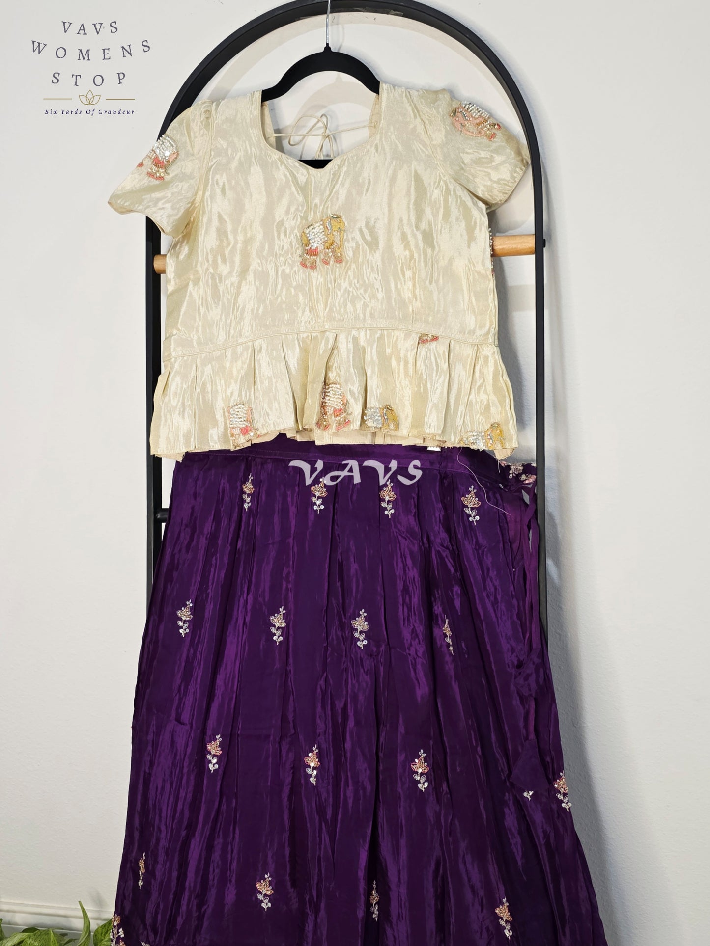 Royal Deep Amethyst Purple Premium Crepe Silk Embroidered Lehenga Set with Ivory Tissue Crop Top for Girls Ages 12–13