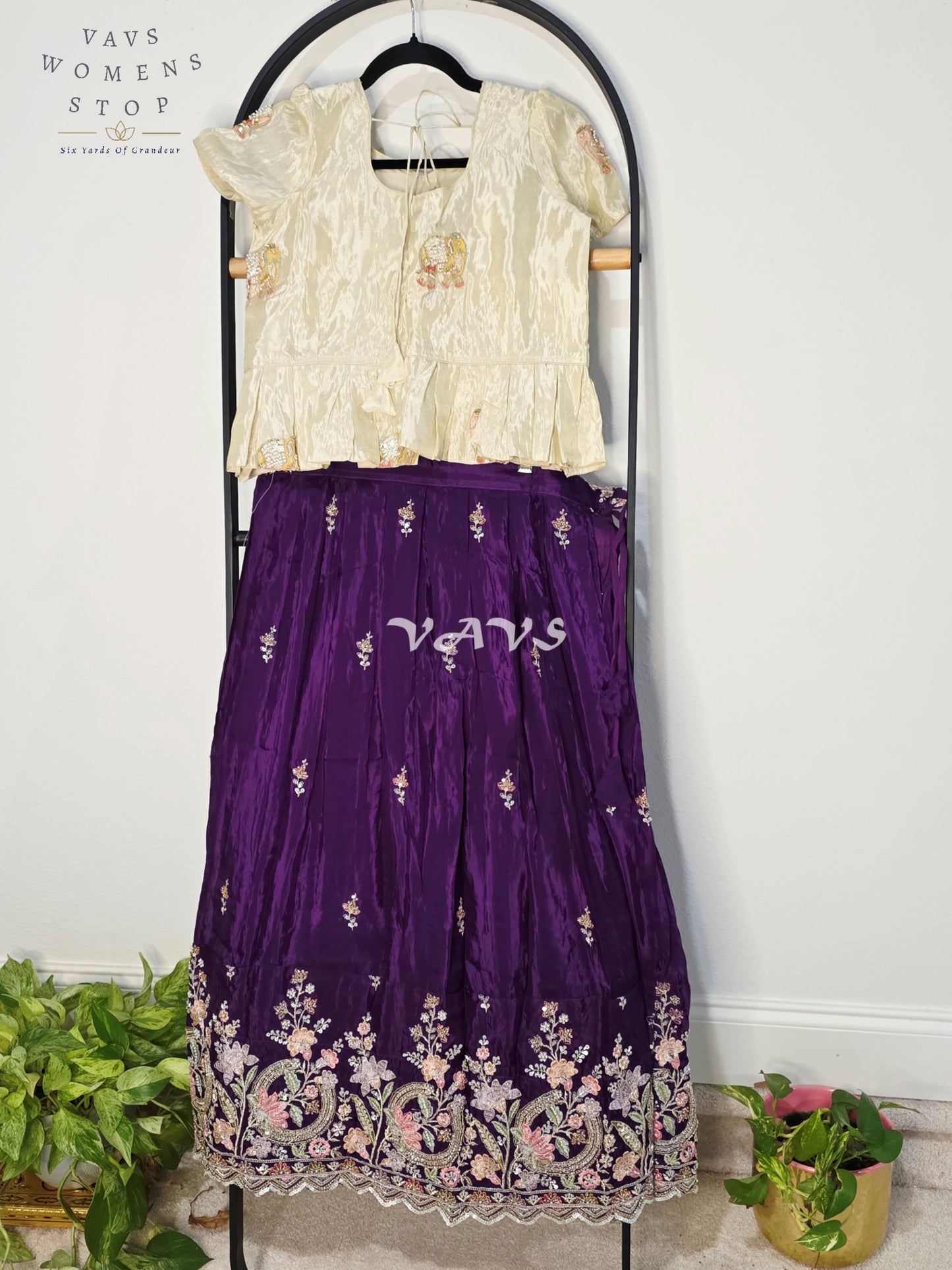 Royal Deep Amethyst Purple Premium Crepe Silk Embroidered Lehenga Set with Ivory Tissue Crop Top for Girls Ages 12–13