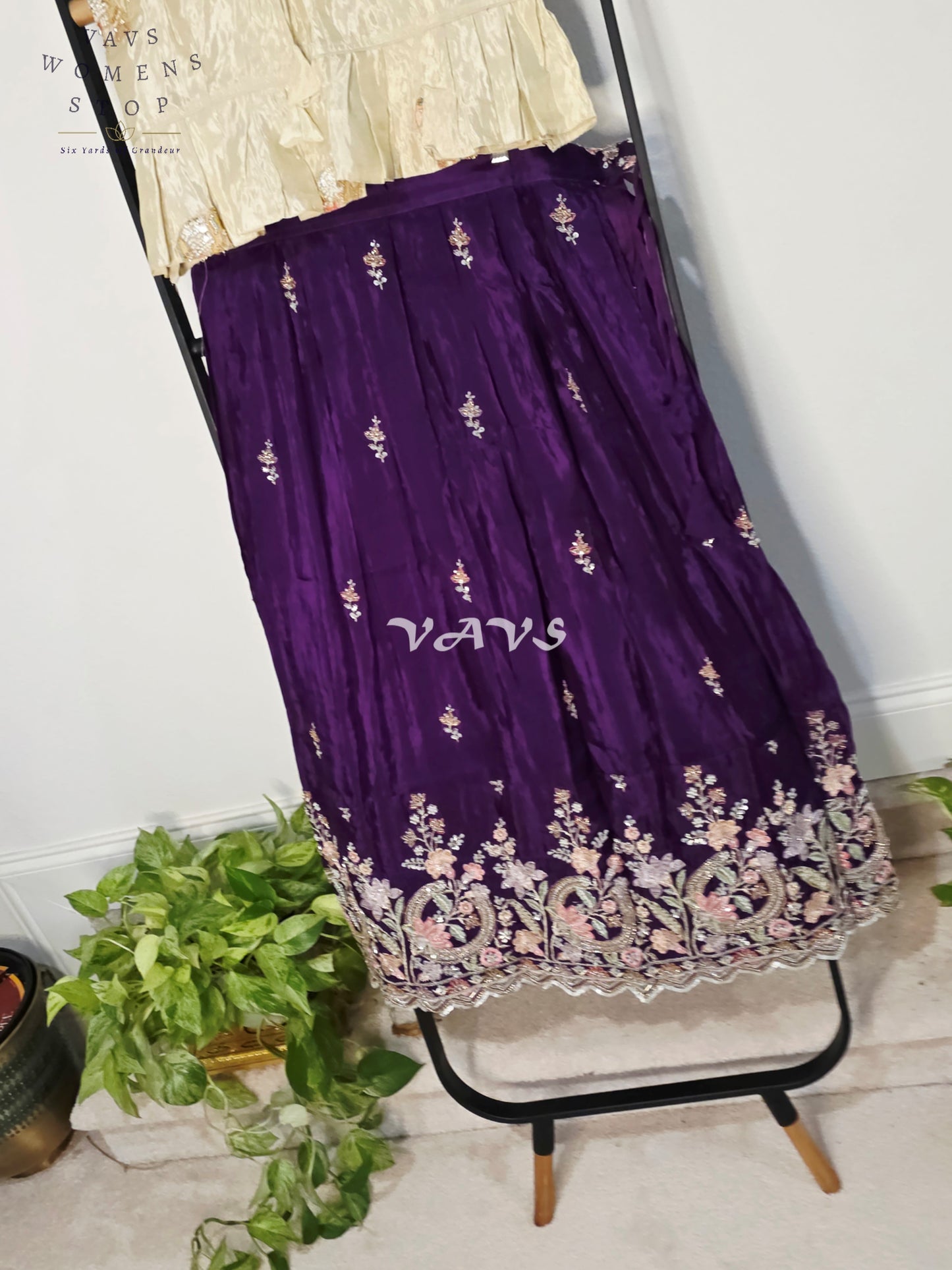Royal Deep Amethyst Purple Premium Crepe Silk Embroidered Lehenga Set with Ivory Tissue Crop Top for Girls Ages 12–13
