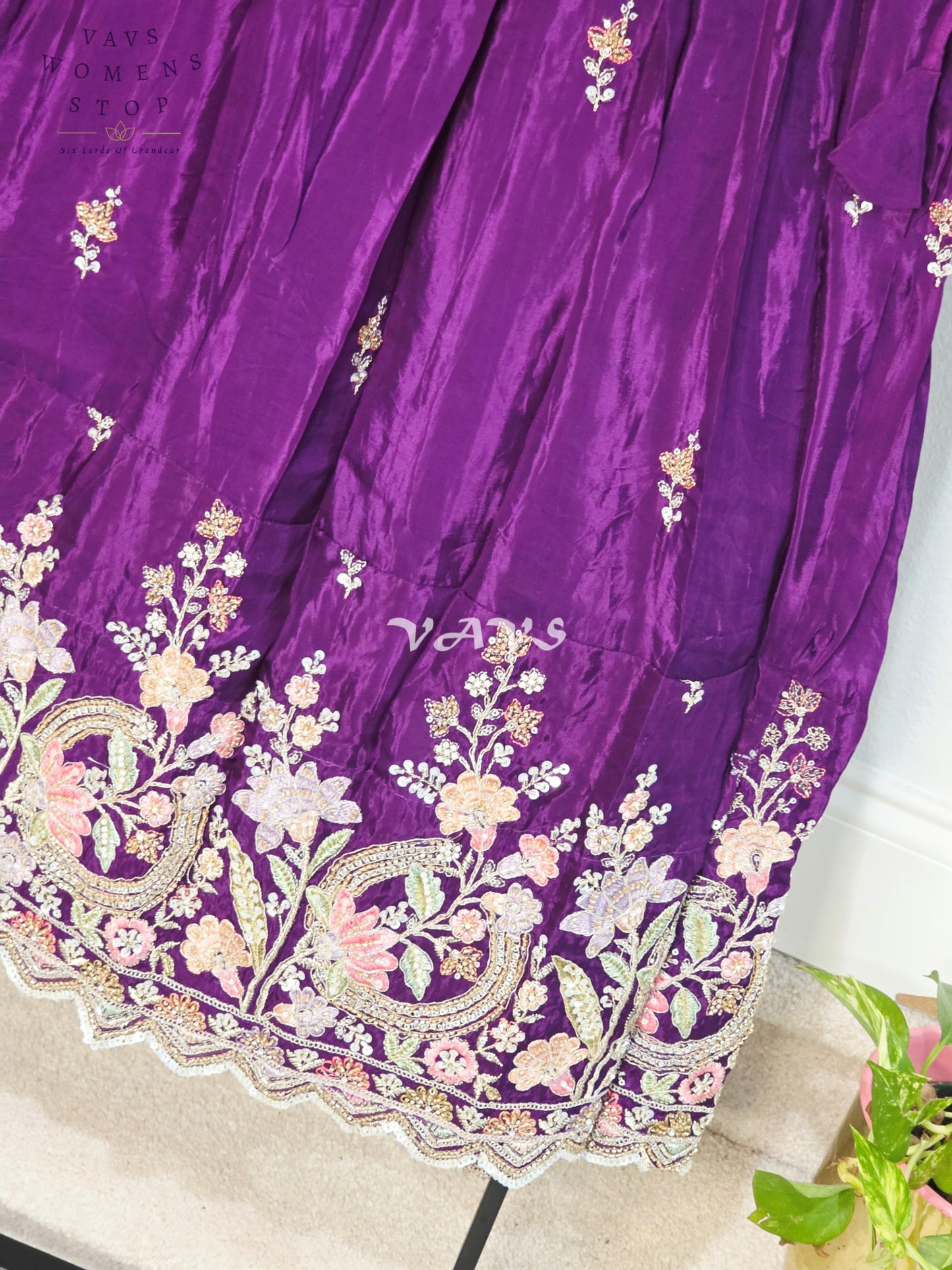 Royal Deep Amethyst Purple Premium Crepe Silk Embroidered Lehenga Set with Ivory Tissue Crop Top for Girls Ages 12–13
