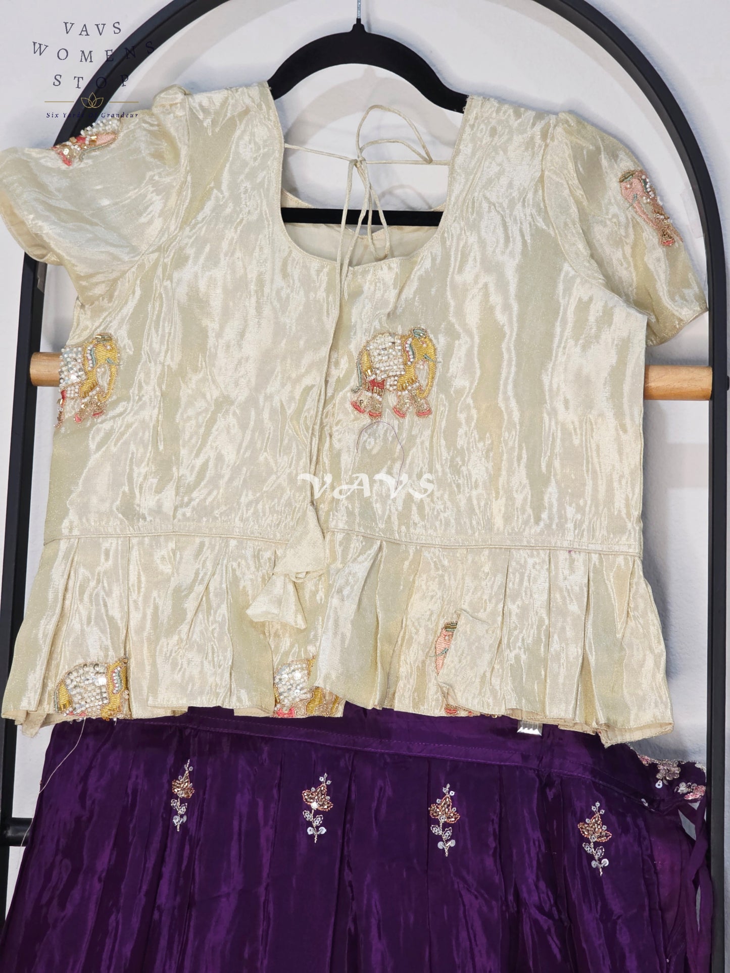 Royal Deep Amethyst Purple Premium Crepe Silk Embroidered Lehenga Set with Ivory Tissue Crop Top for Girls Ages 12–13