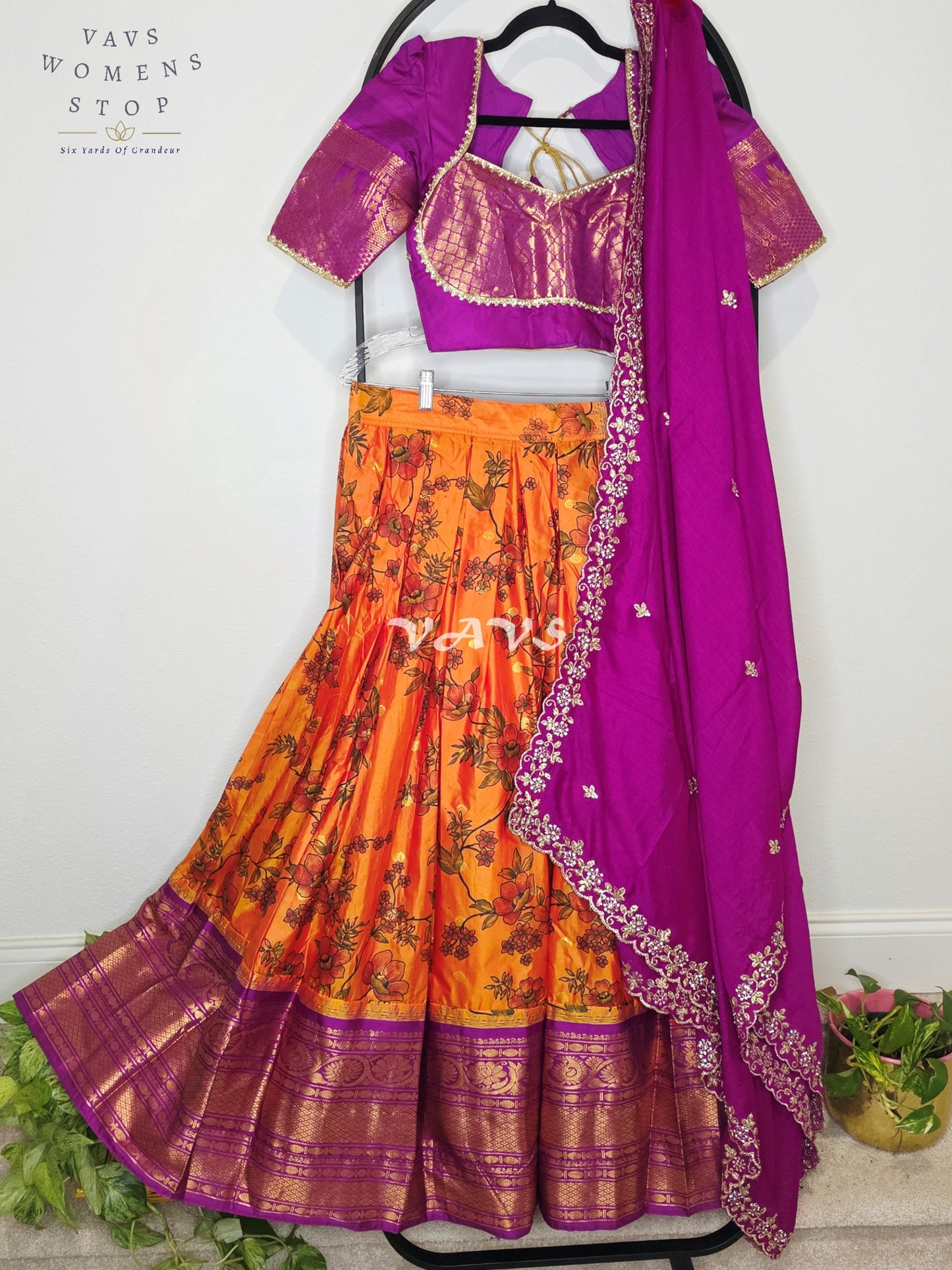 Royal Sunset Orange Floral Semi Gadwal Lehenga Set with Rani Magenta Chinon Chiffon Dupatta & Blouse Size 34–40