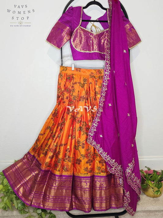Royal Sunset Orange Floral Semi Gadwal Lehenga Set with Rani Magenta Chinon Chiffon Dupatta & Blouse Size 34–40