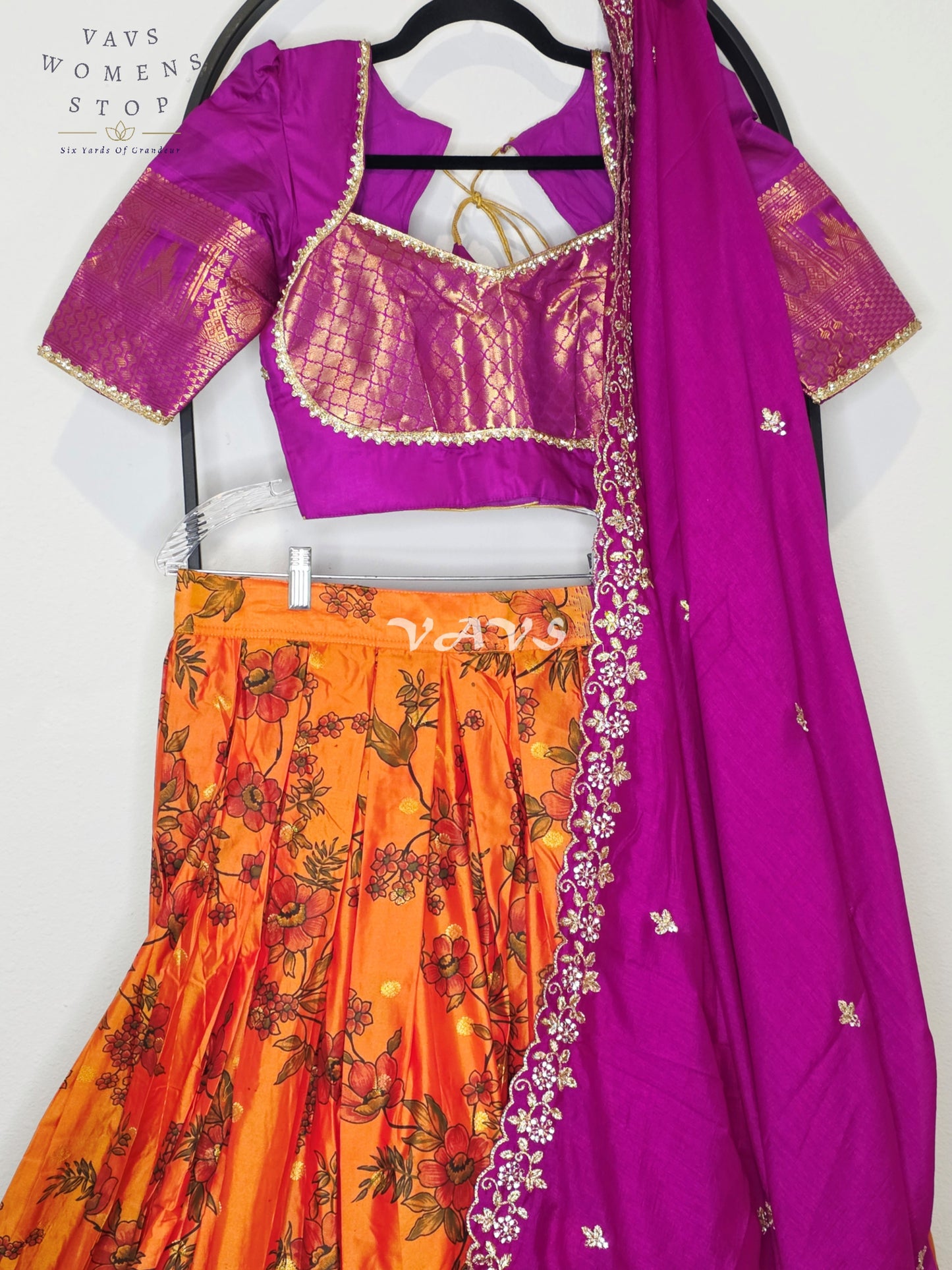 Royal Sunset Orange Floral Semi Gadwal Lehenga Set with Rani Magenta Chinon Chiffon Dupatta & Blouse Size 34–40
