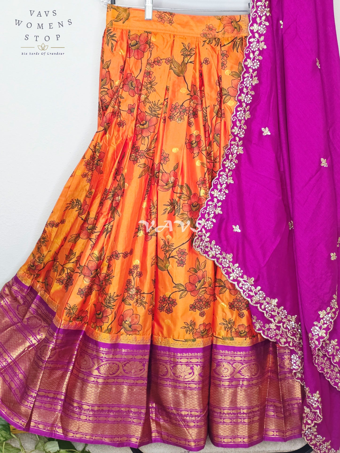Royal Sunset Orange Floral Semi Gadwal Lehenga Set with Rani Magenta Chinon Chiffon Dupatta & Blouse Size 34–40