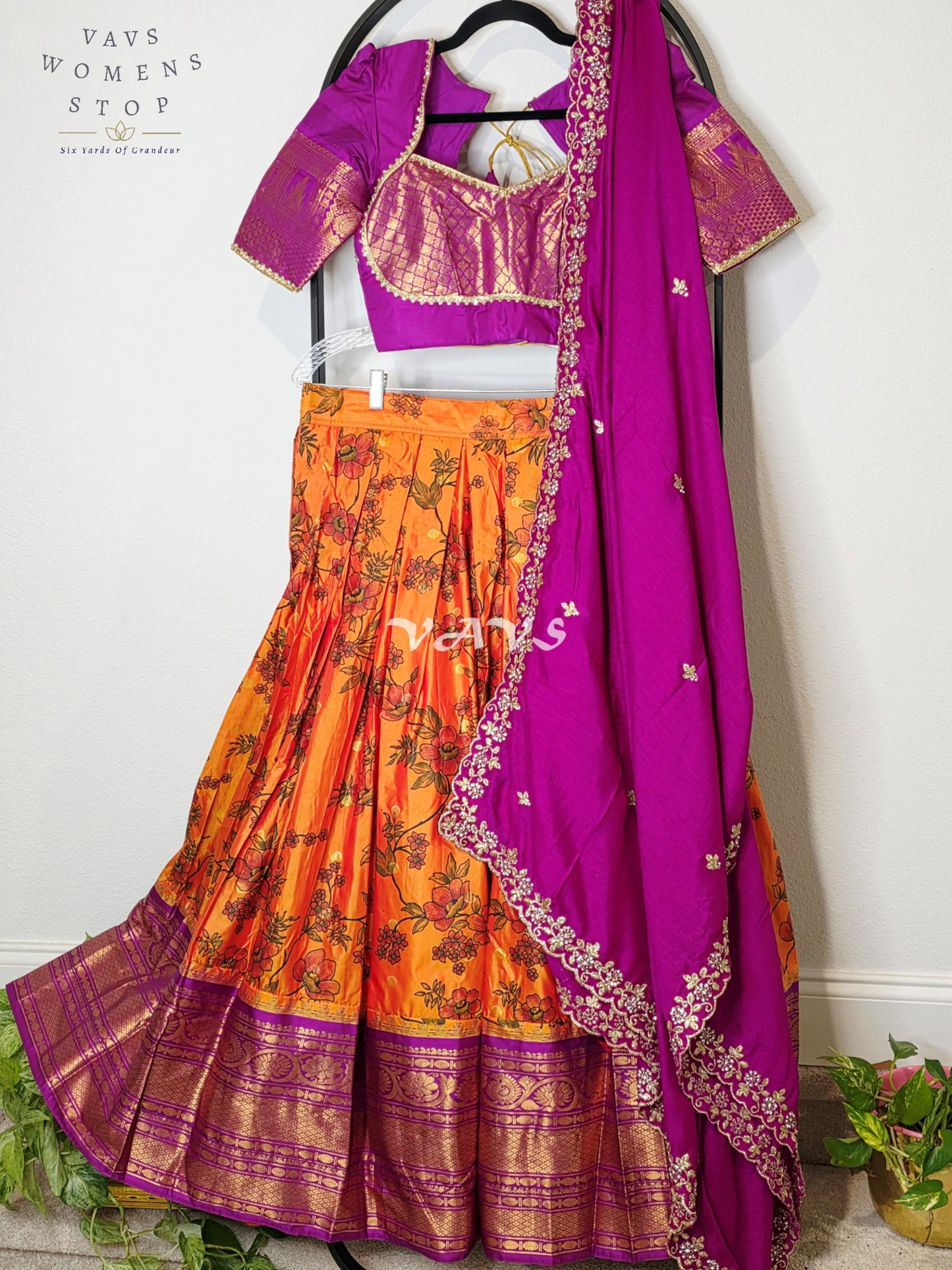 Royal Sunset Orange Floral Semi Gadwal Lehenga Set with Rani Magenta Chinon Chiffon Dupatta & Blouse Size 34–40