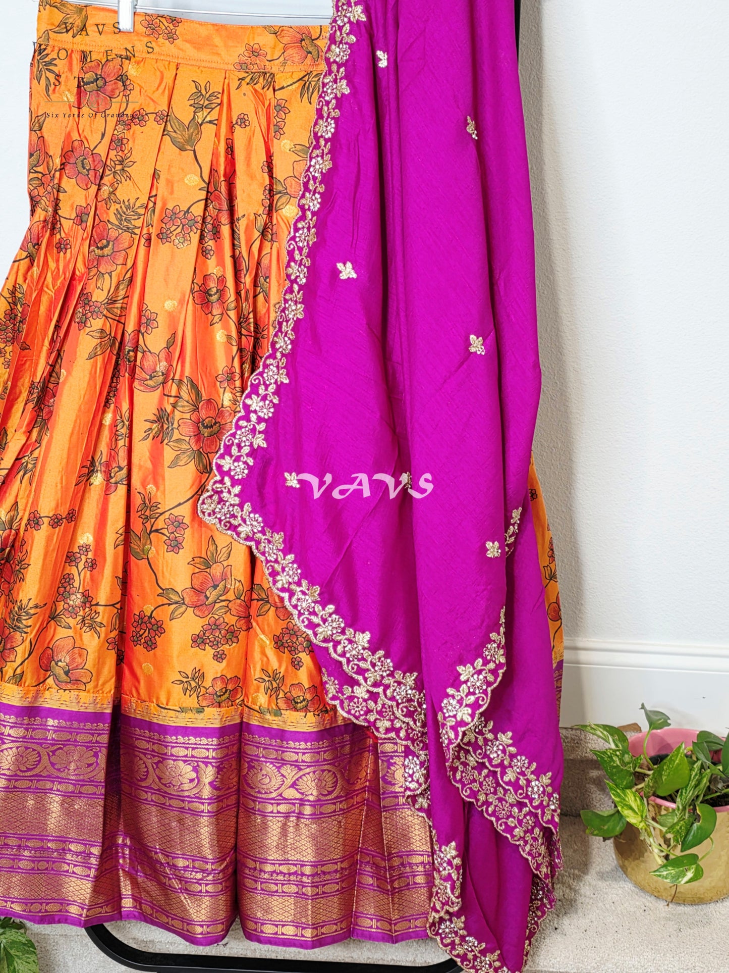 Royal Sunset Orange Floral Semi Gadwal Lehenga Set with Rani Magenta Chinon Chiffon Dupatta & Blouse Size 34–40