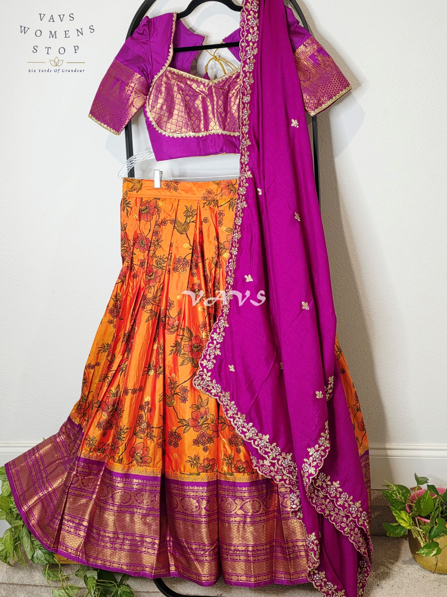 Royal Sunset Orange Floral Semi Gadwal Lehenga Set with Rani Magenta Chinon Chiffon Dupatta & Blouse Size 34–40