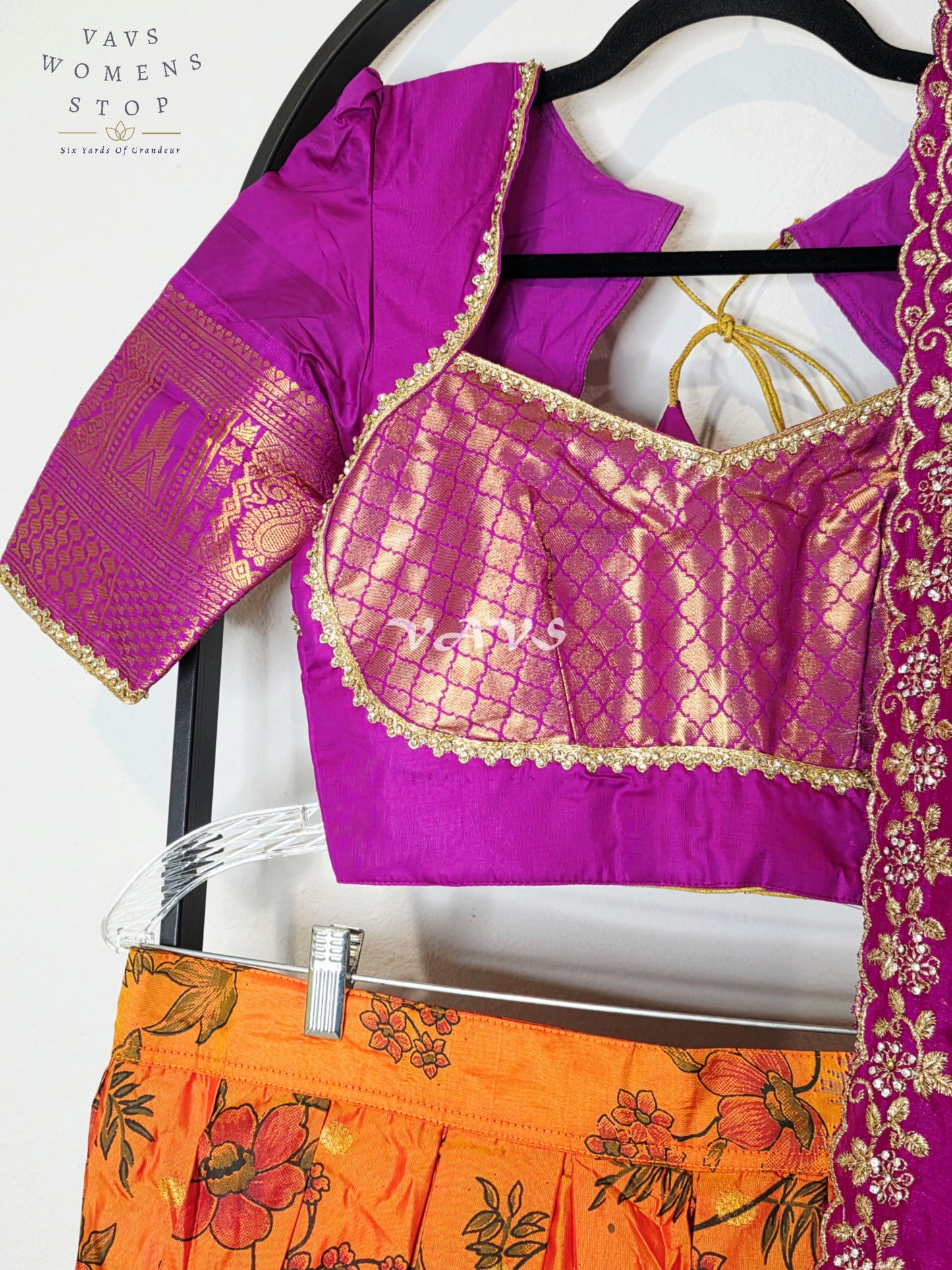 Royal Sunset Orange Floral Semi Gadwal Lehenga Set with Rani Magenta Chinon Chiffon Dupatta & Blouse Size 34–40