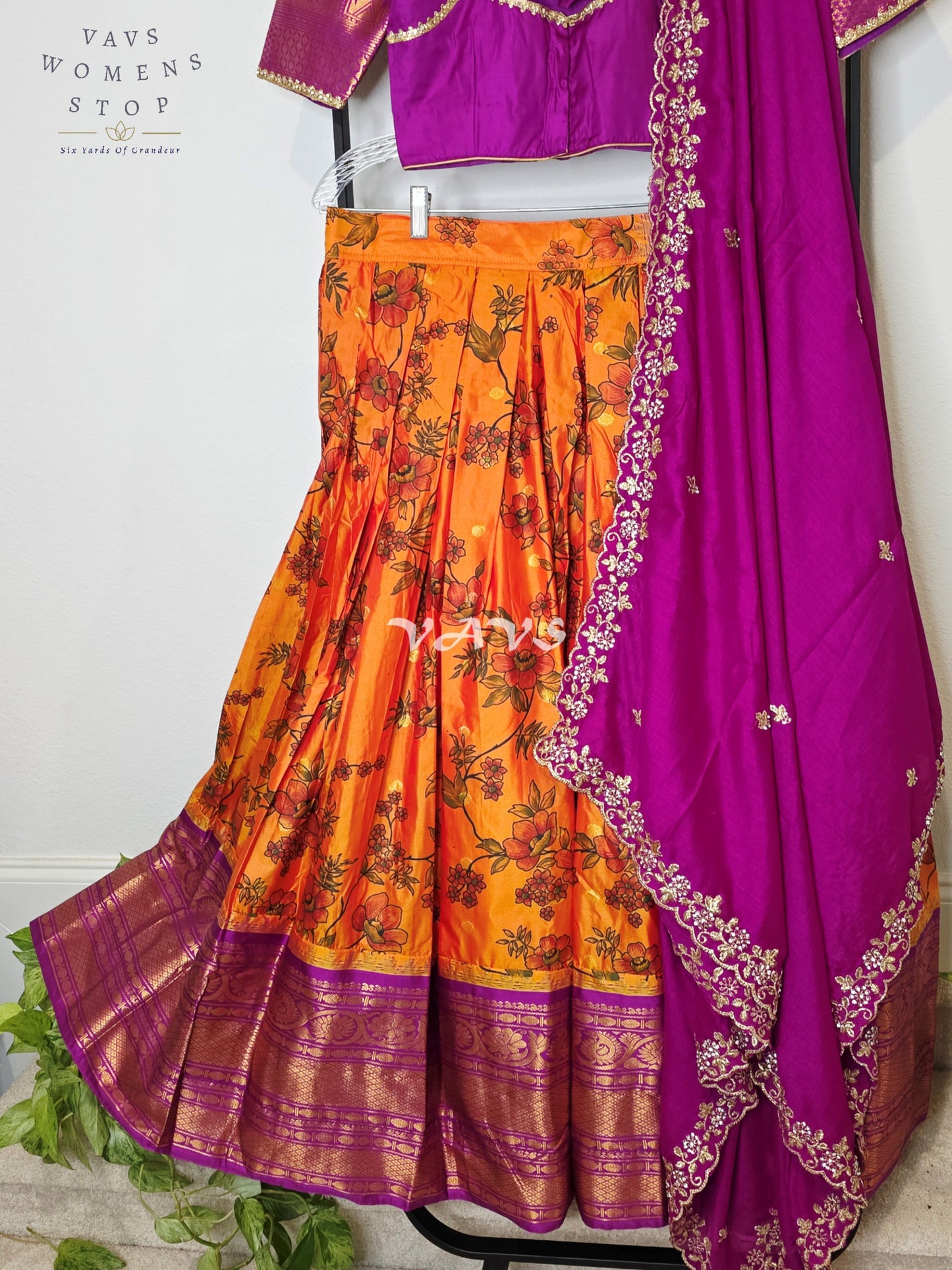 Royal Sunset Orange Floral Semi Gadwal Lehenga Set with Rani Magenta Chinon Chiffon Dupatta & Blouse Size 34–40