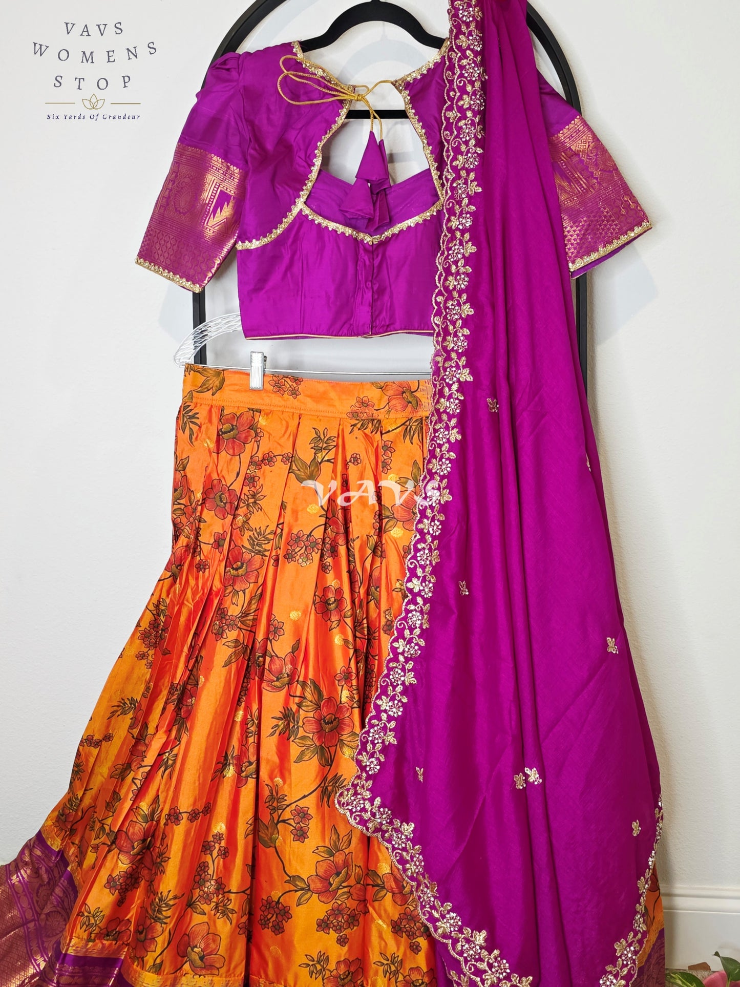 Royal Sunset Orange Floral Semi Gadwal Lehenga Set with Rani Magenta Chinon Chiffon Dupatta & Blouse Size 34–40
