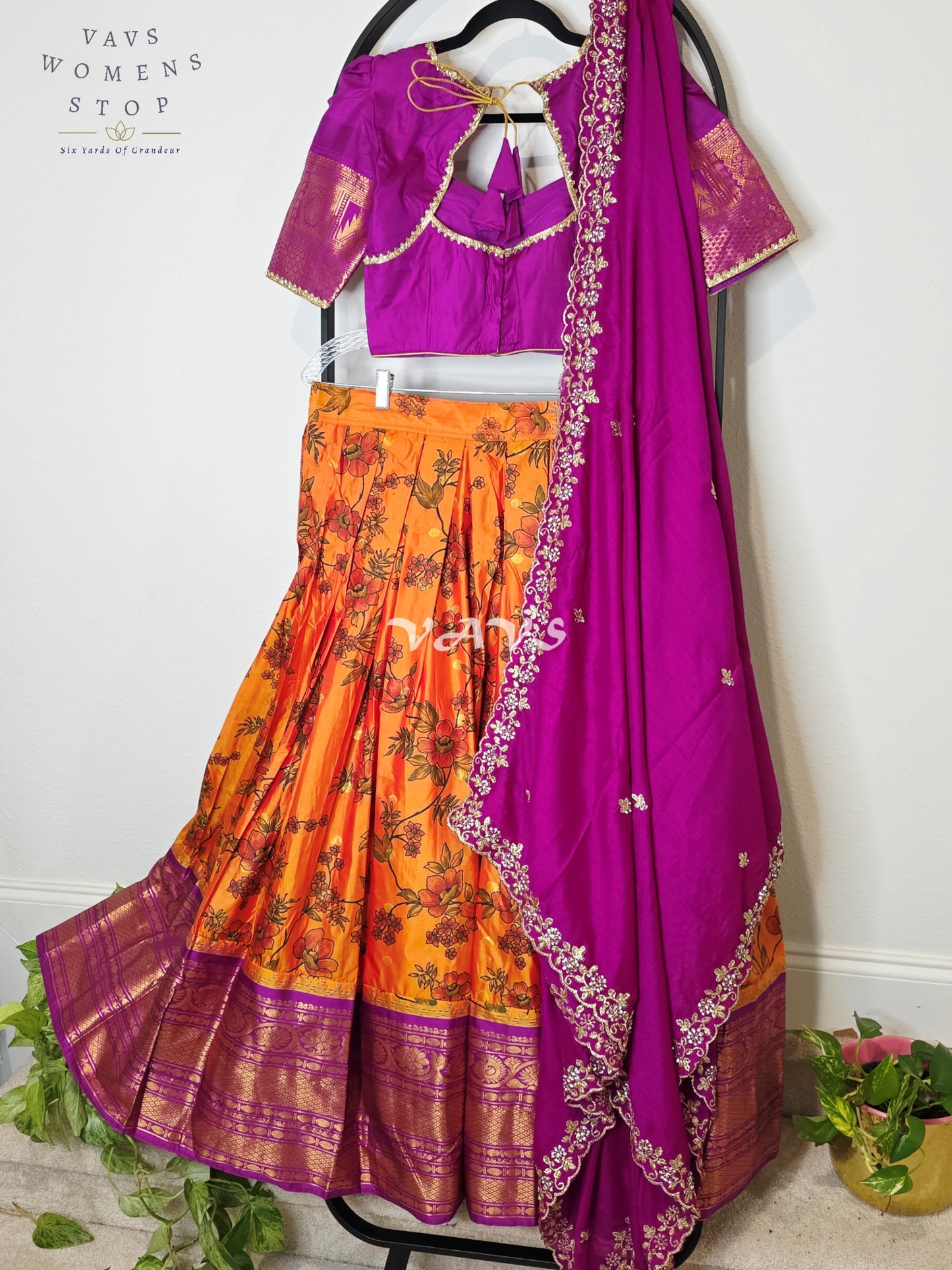 Royal Sunset Orange Floral Semi Gadwal Lehenga Set with Rani Magenta Chinon Chiffon Dupatta & Blouse Size 34–40