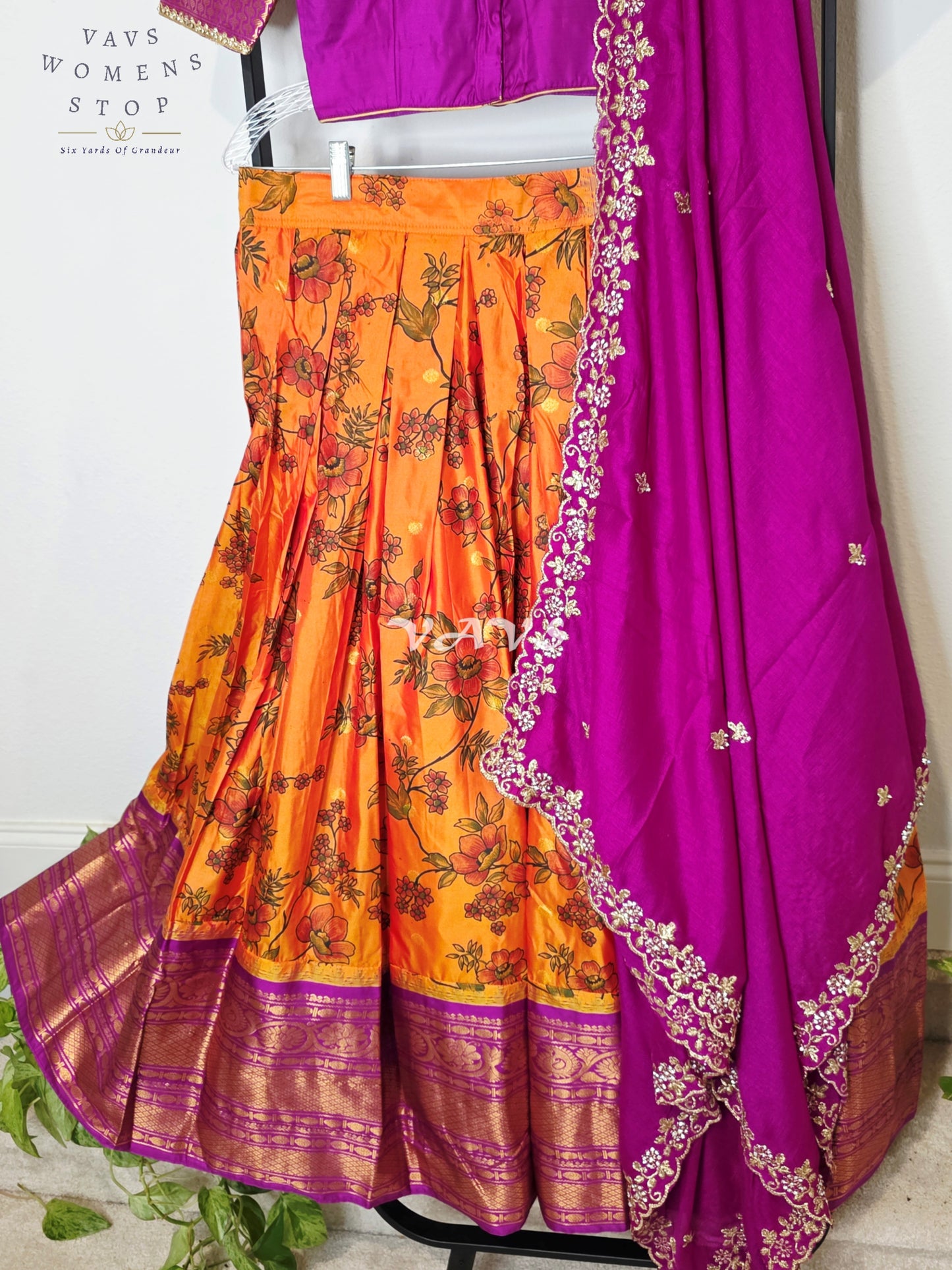Royal Sunset Orange Floral Semi Gadwal Lehenga Set with Rani Magenta Chinon Chiffon Dupatta & Blouse Size 34–40