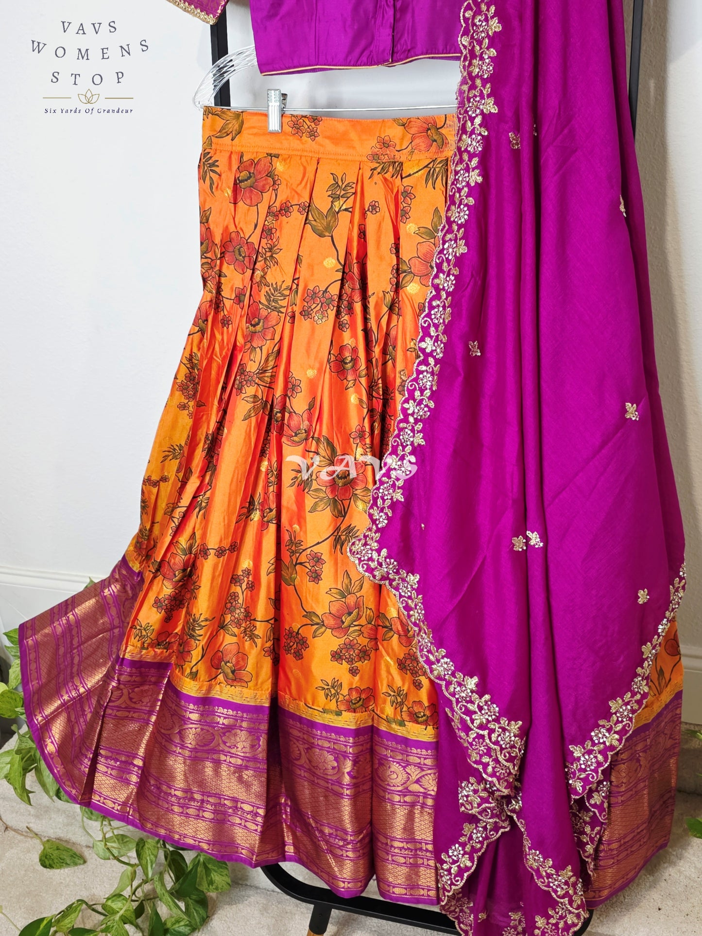Royal Sunset Orange Floral Semi Gadwal Lehenga Set with Rani Magenta Chinon Chiffon Dupatta & Blouse Size 34–40