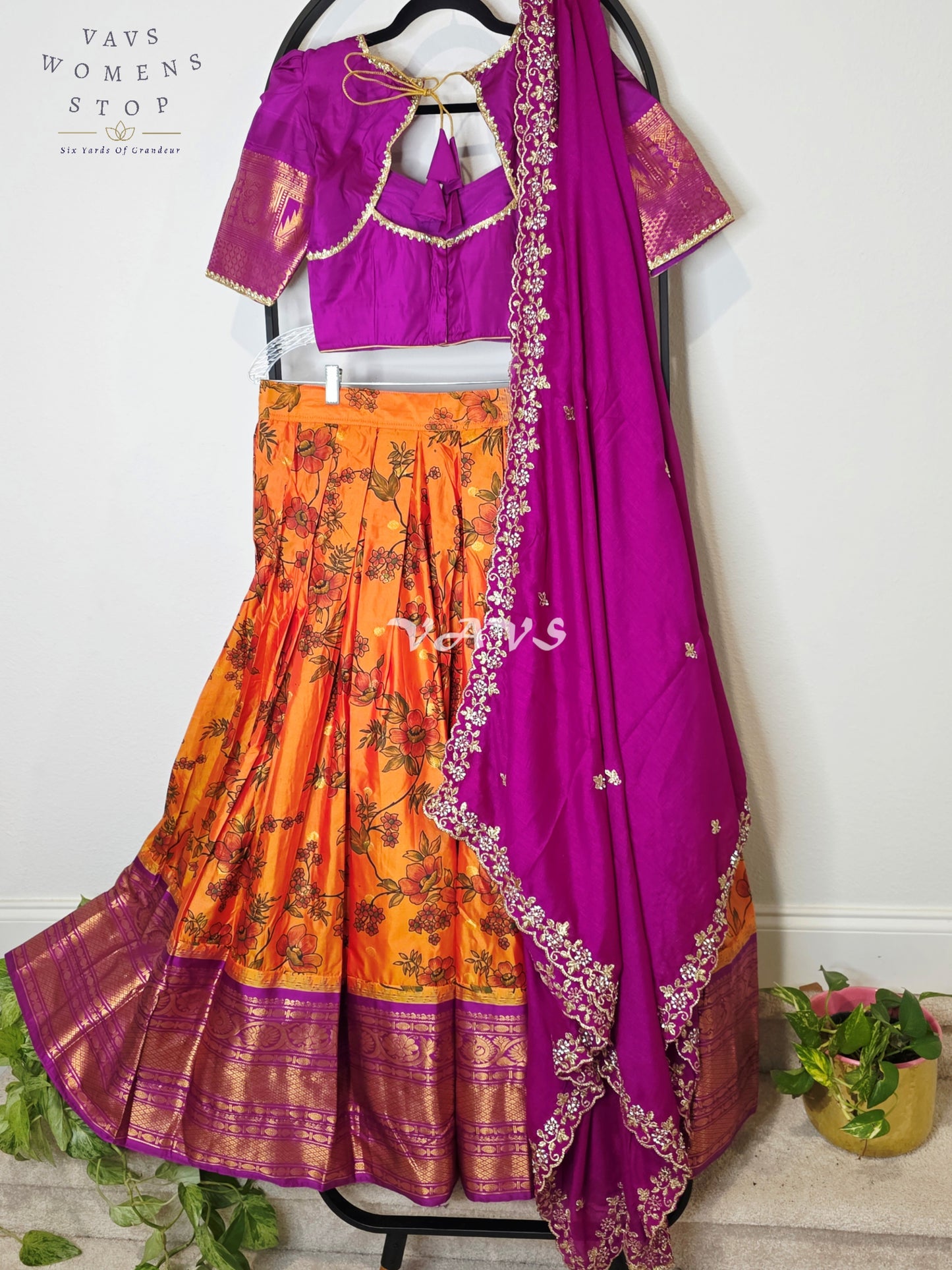 Royal Sunset Orange Floral Semi Gadwal Lehenga Set with Rani Magenta Chinon Chiffon Dupatta & Blouse Size 34–40