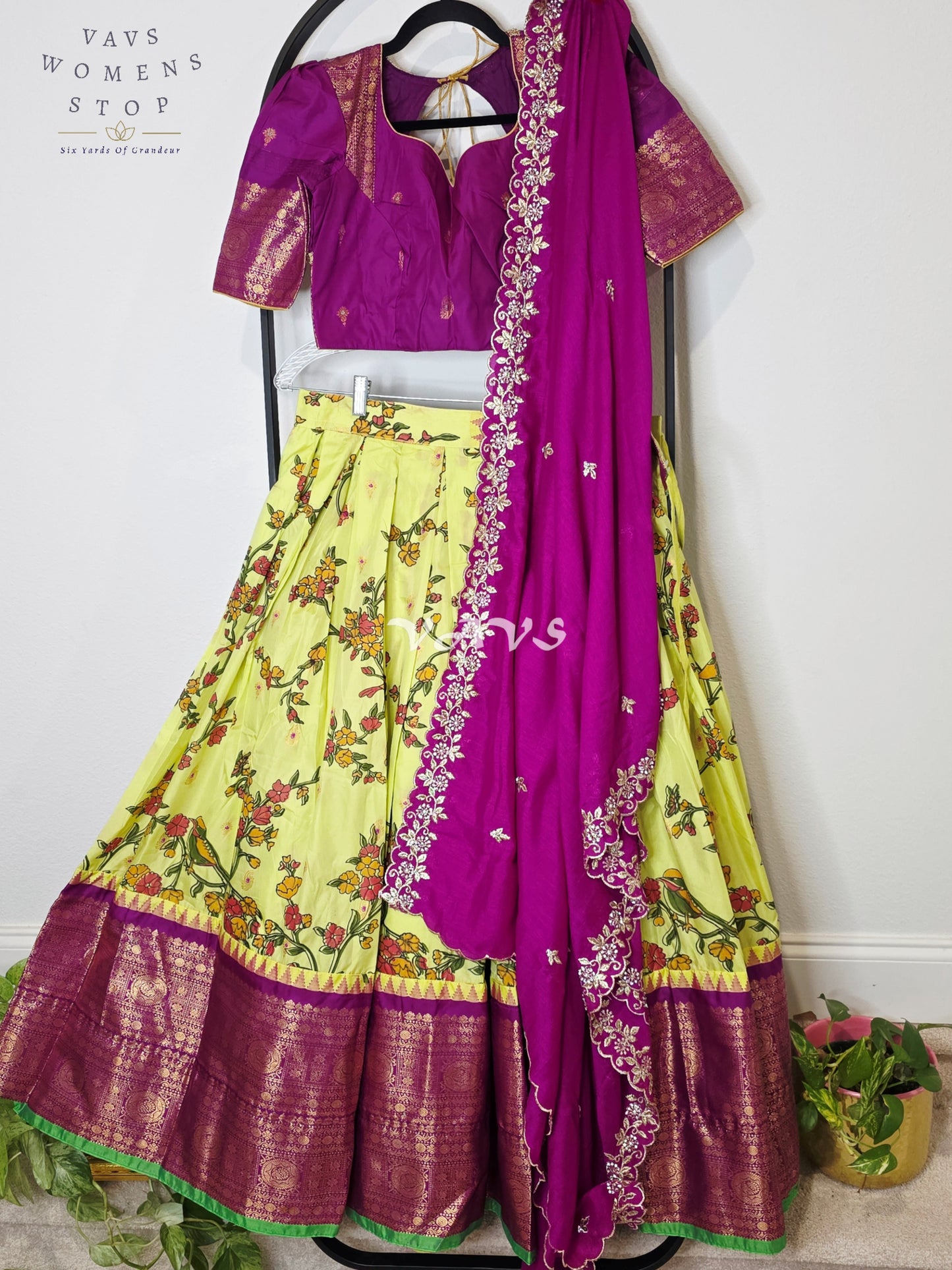 Royal Lime Chartreuse Kalamkari Semi Gadwal Lehenga Set with Rani Magenta Chinon Chiffon Dupatta & Blouse Size 36–42