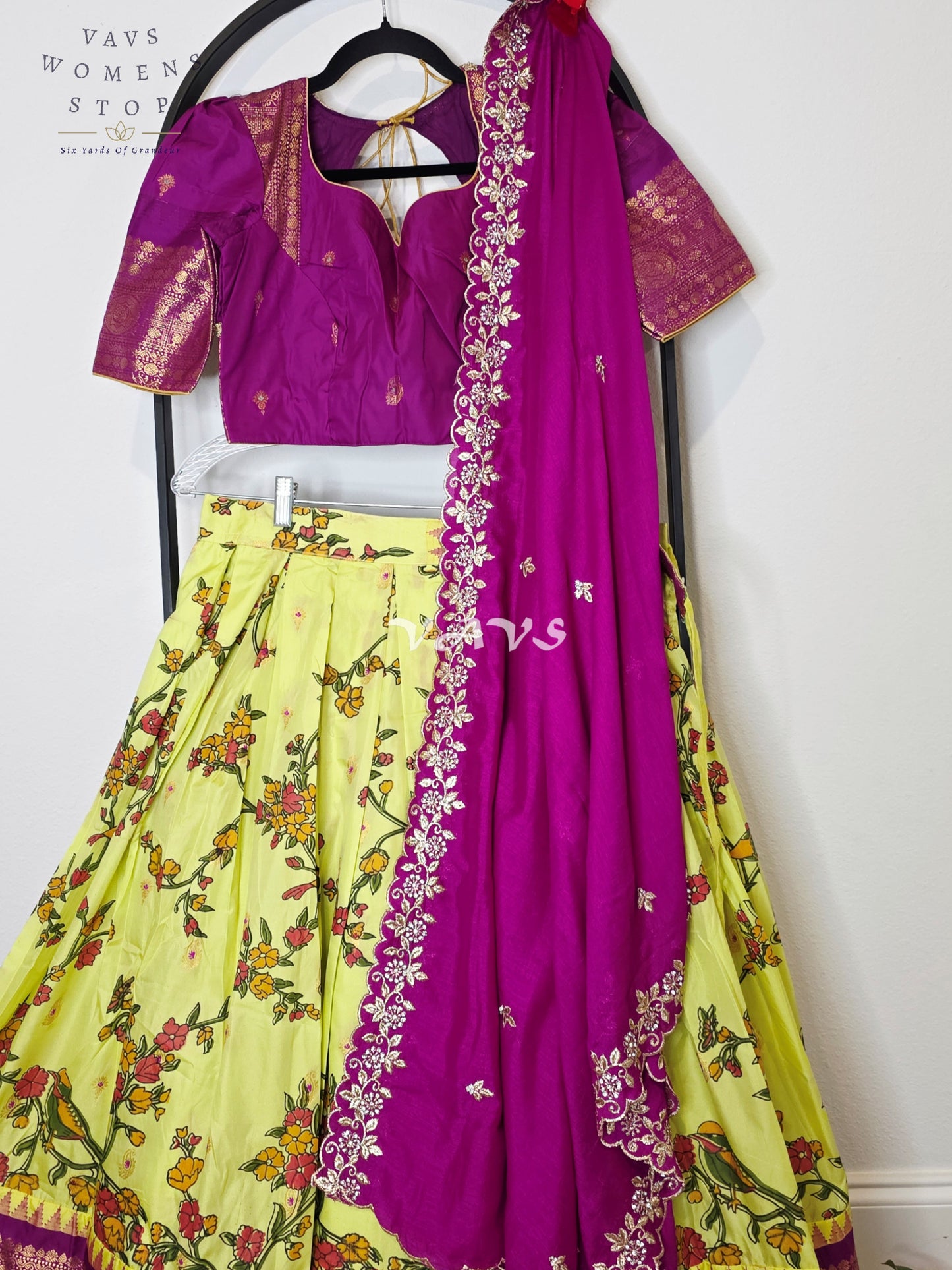 Royal Lime Chartreuse Kalamkari Semi Gadwal Lehenga Set with Rani Magenta Chinon Chiffon Dupatta & Blouse Size 36–42