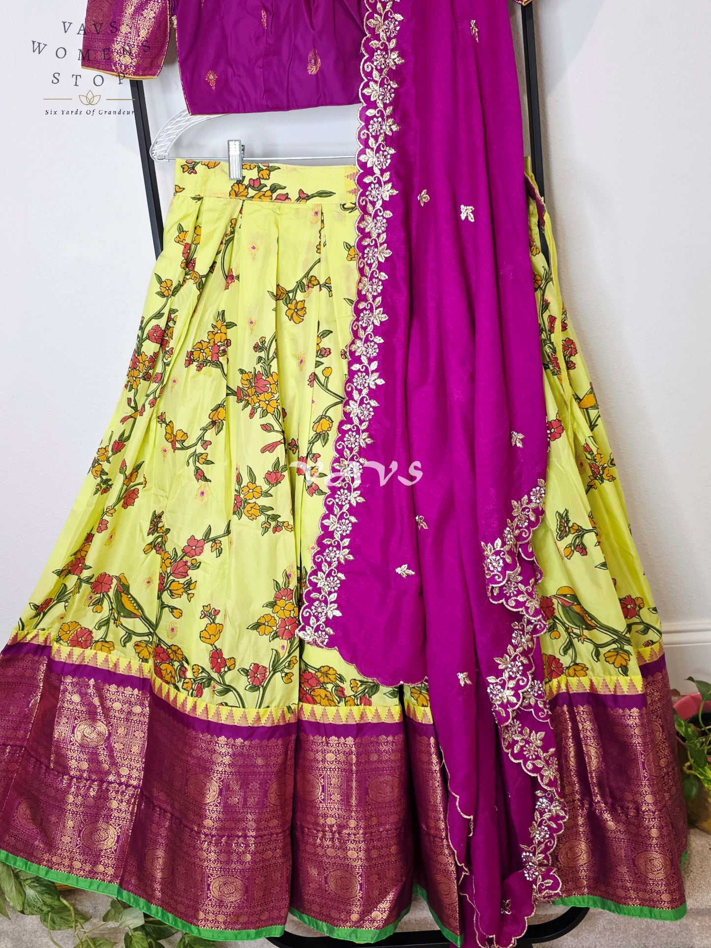 Royal Lime Chartreuse Kalamkari Semi Gadwal Lehenga Set with Rani Magenta Chinon Chiffon Dupatta & Blouse Size 36–42