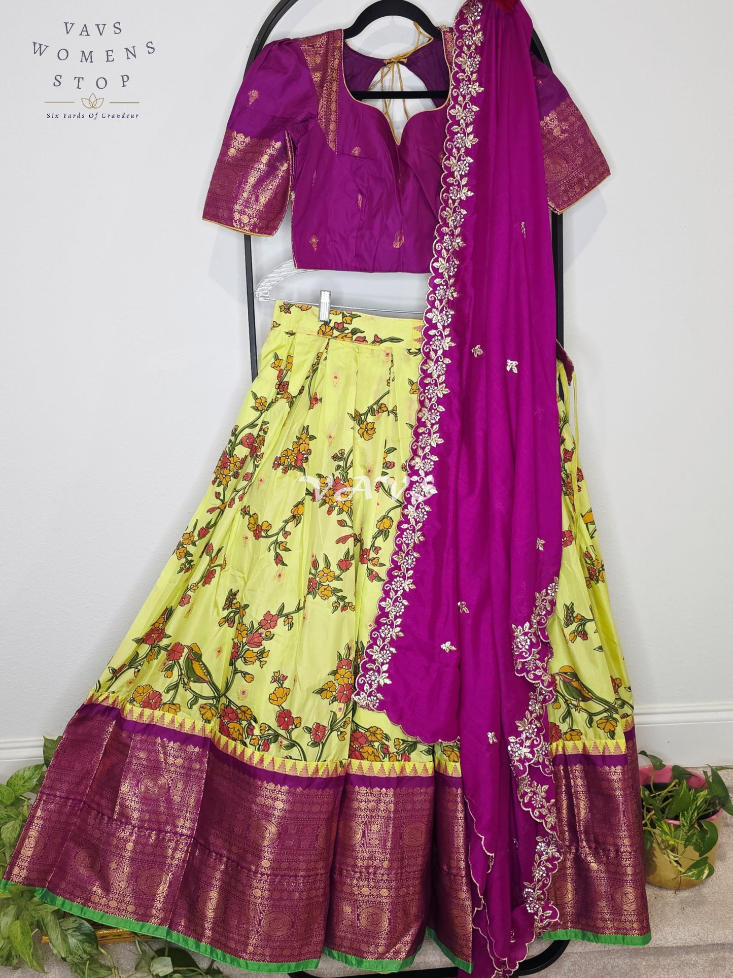 Royal Lime Chartreuse Kalamkari Semi Gadwal Lehenga Set with Rani Magenta Chinon Chiffon Dupatta & Blouse Size 36–42