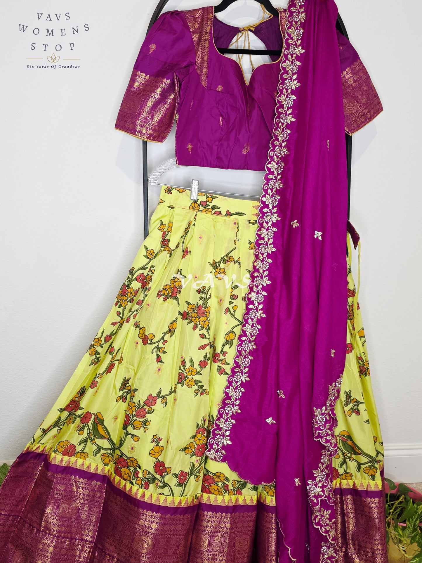 Royal Lime Chartreuse Kalamkari Semi Gadwal Lehenga Set with Rani Magenta Chinon Chiffon Dupatta & Blouse Size 36–42