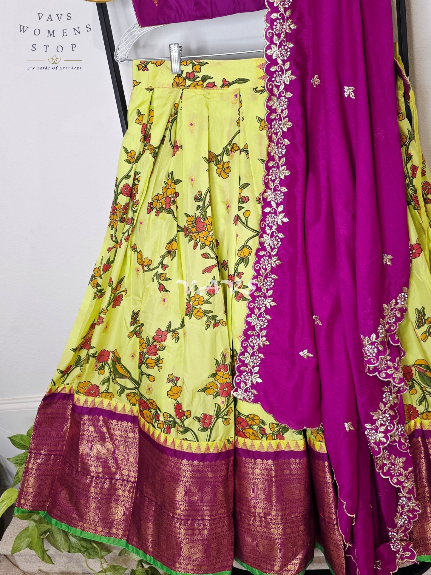 Royal Lime Chartreuse Kalamkari Semi Gadwal Lehenga Set with Rani Magenta Chinon Chiffon Dupatta & Blouse Size 36–42