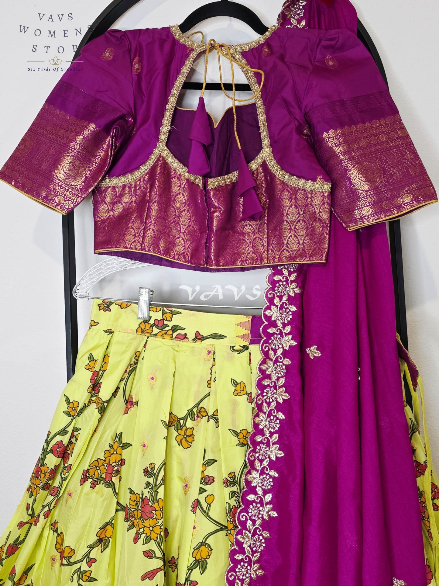 Royal Lime Chartreuse Kalamkari Semi Gadwal Lehenga Set with Rani Magenta Chinon Chiffon Dupatta & Blouse Size 36–42