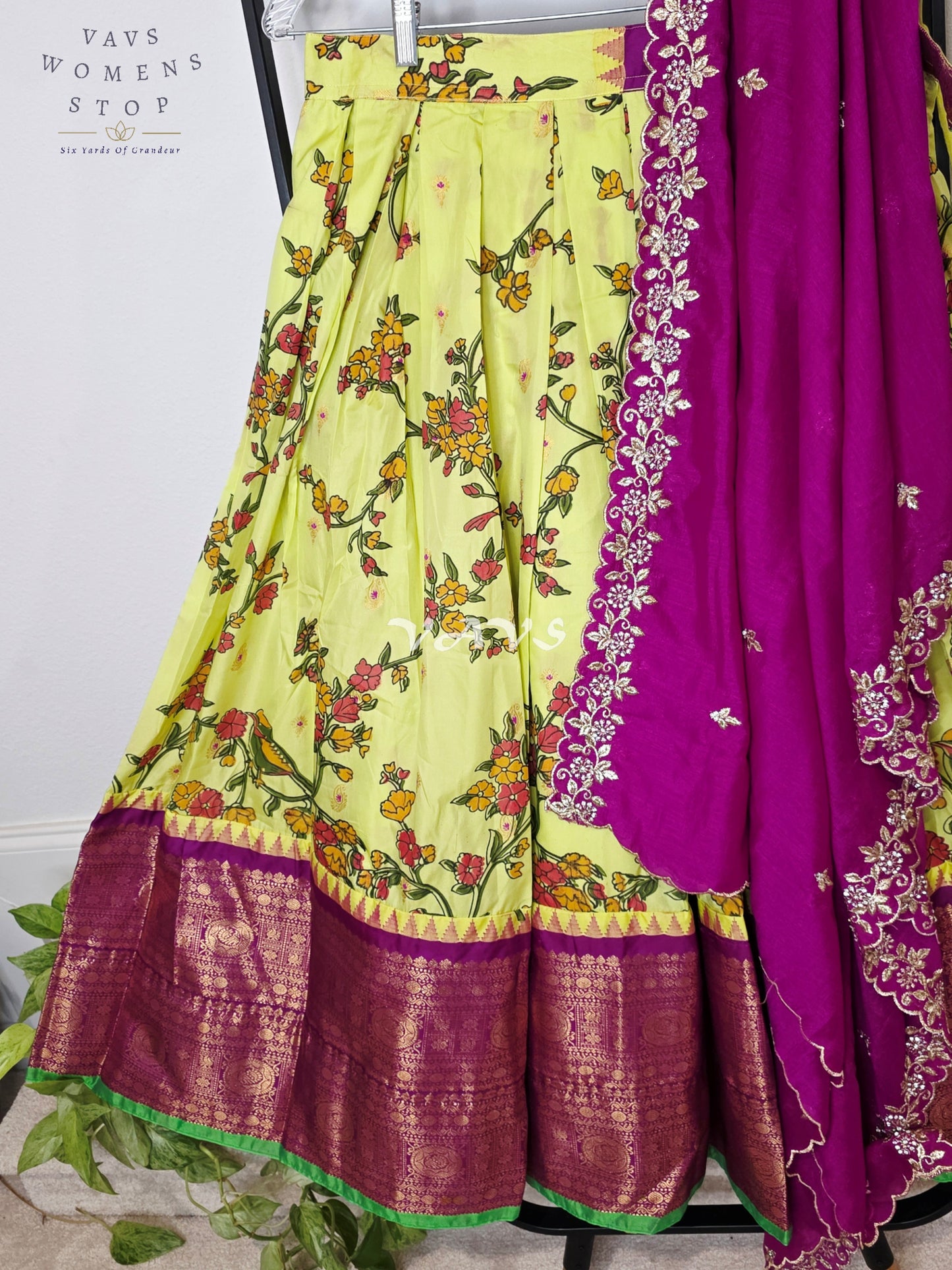 Royal Lime Chartreuse Kalamkari Semi Gadwal Lehenga Set with Rani Magenta Chinon Chiffon Dupatta & Blouse Size 36–42