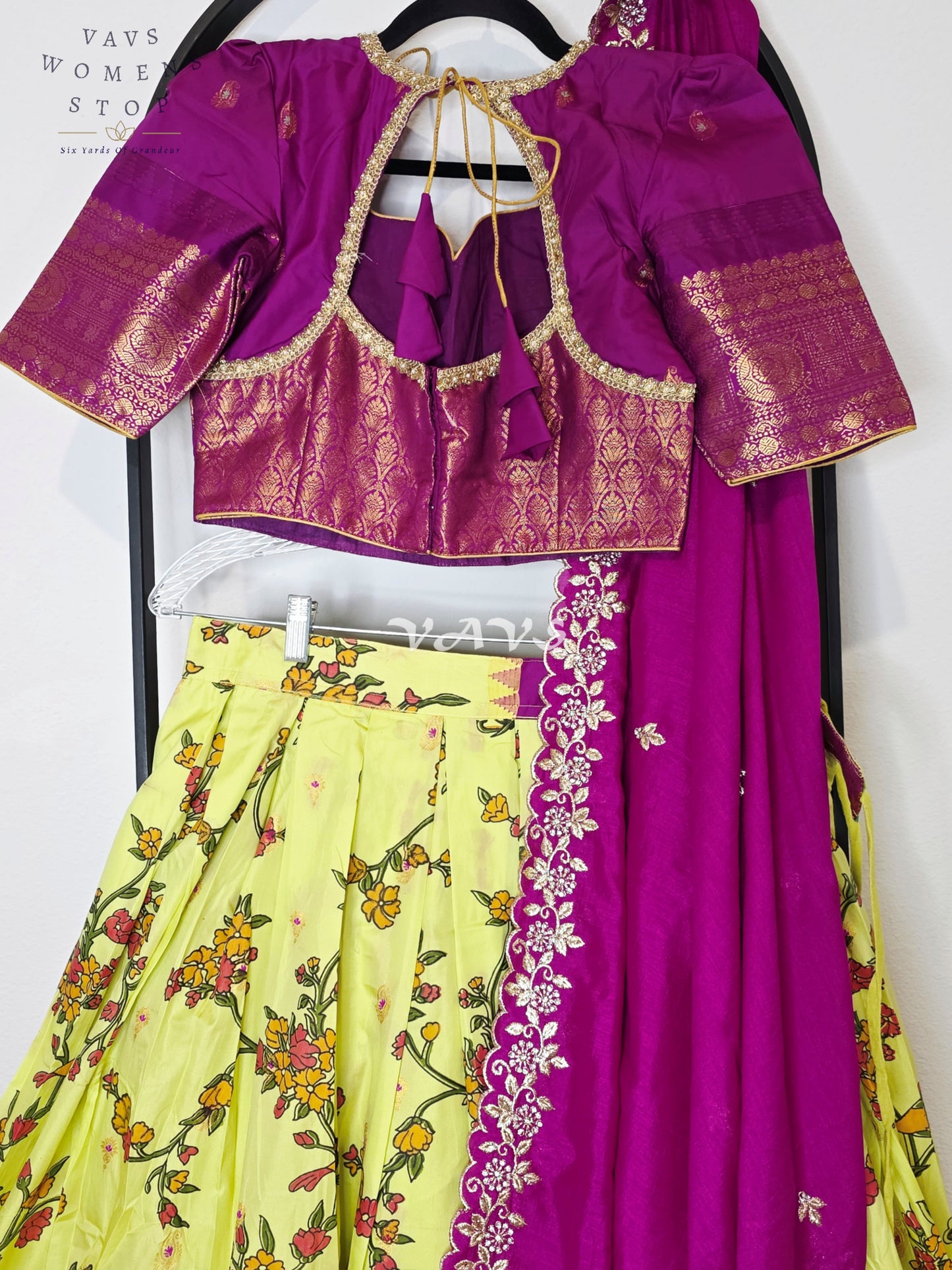 Royal Lime Chartreuse Kalamkari Semi Gadwal Lehenga Set with Rani Magenta Chinon Chiffon Dupatta & Blouse Size 36–42