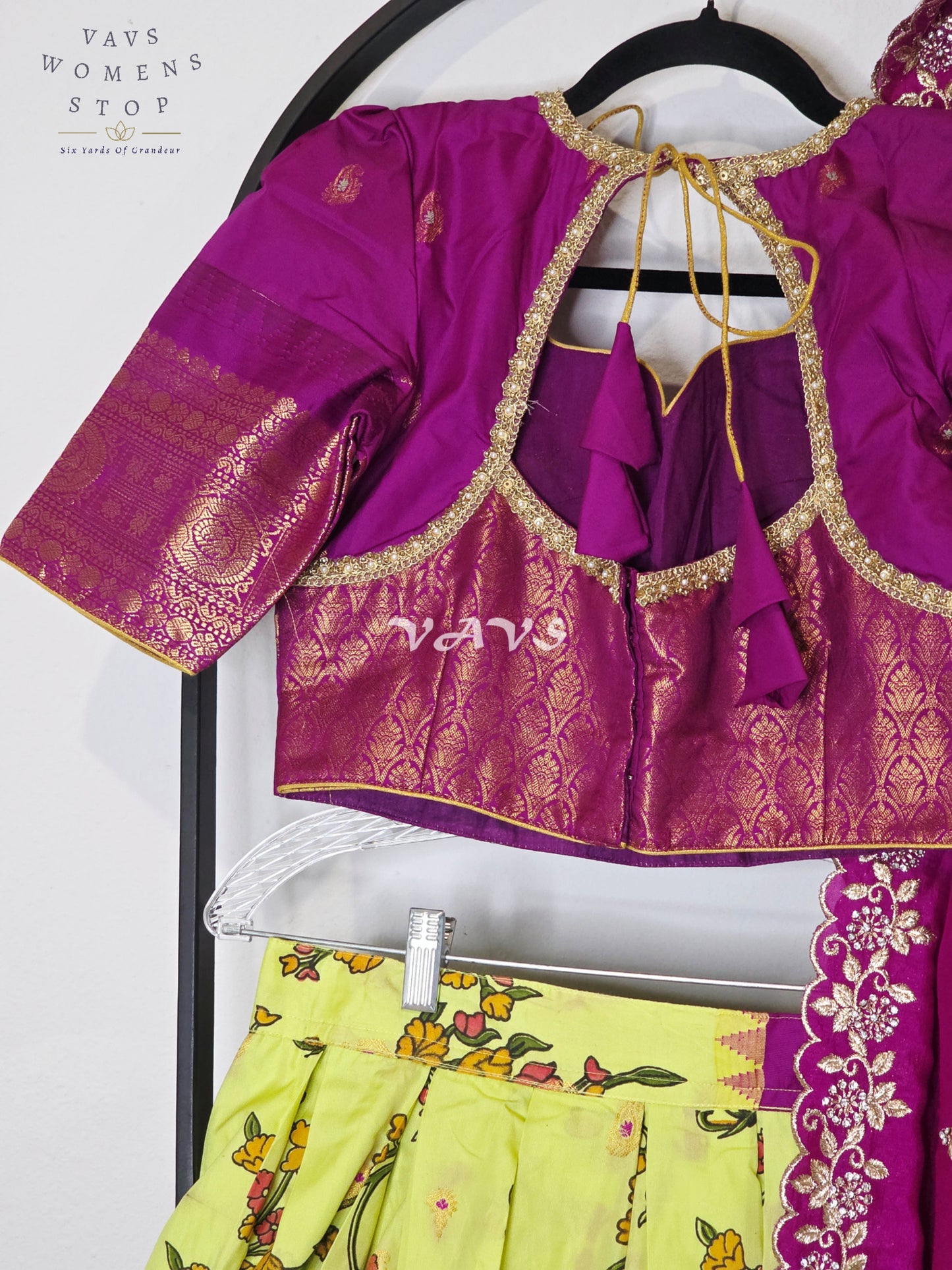 Royal Lime Chartreuse Kalamkari Semi Gadwal Lehenga Set with Rani Magenta Chinon Chiffon Dupatta & Blouse Size 36–42