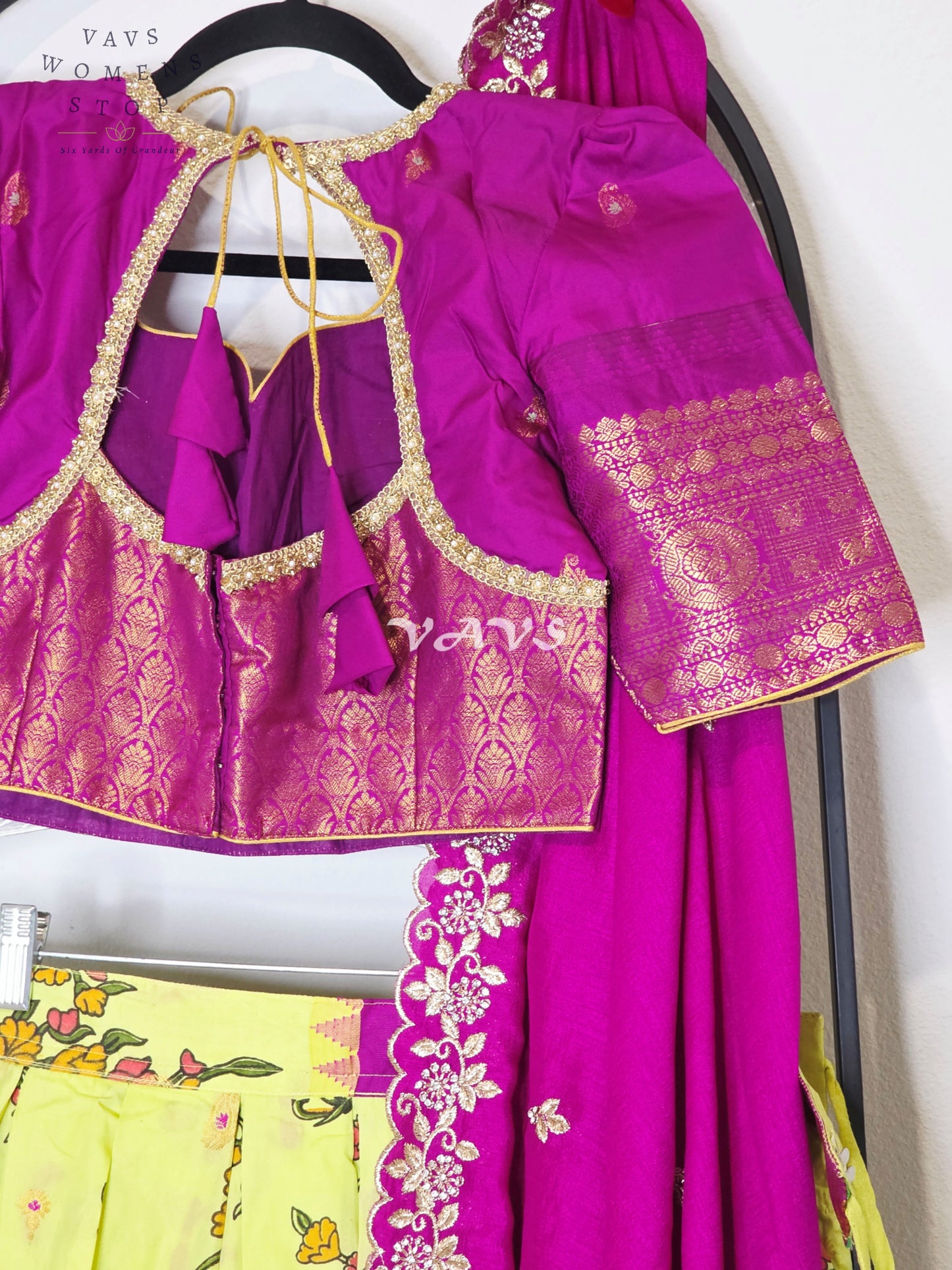 Royal Lime Chartreuse Kalamkari Semi Gadwal Lehenga Set with Rani Magenta Chinon Chiffon Dupatta & Blouse Size 36–42