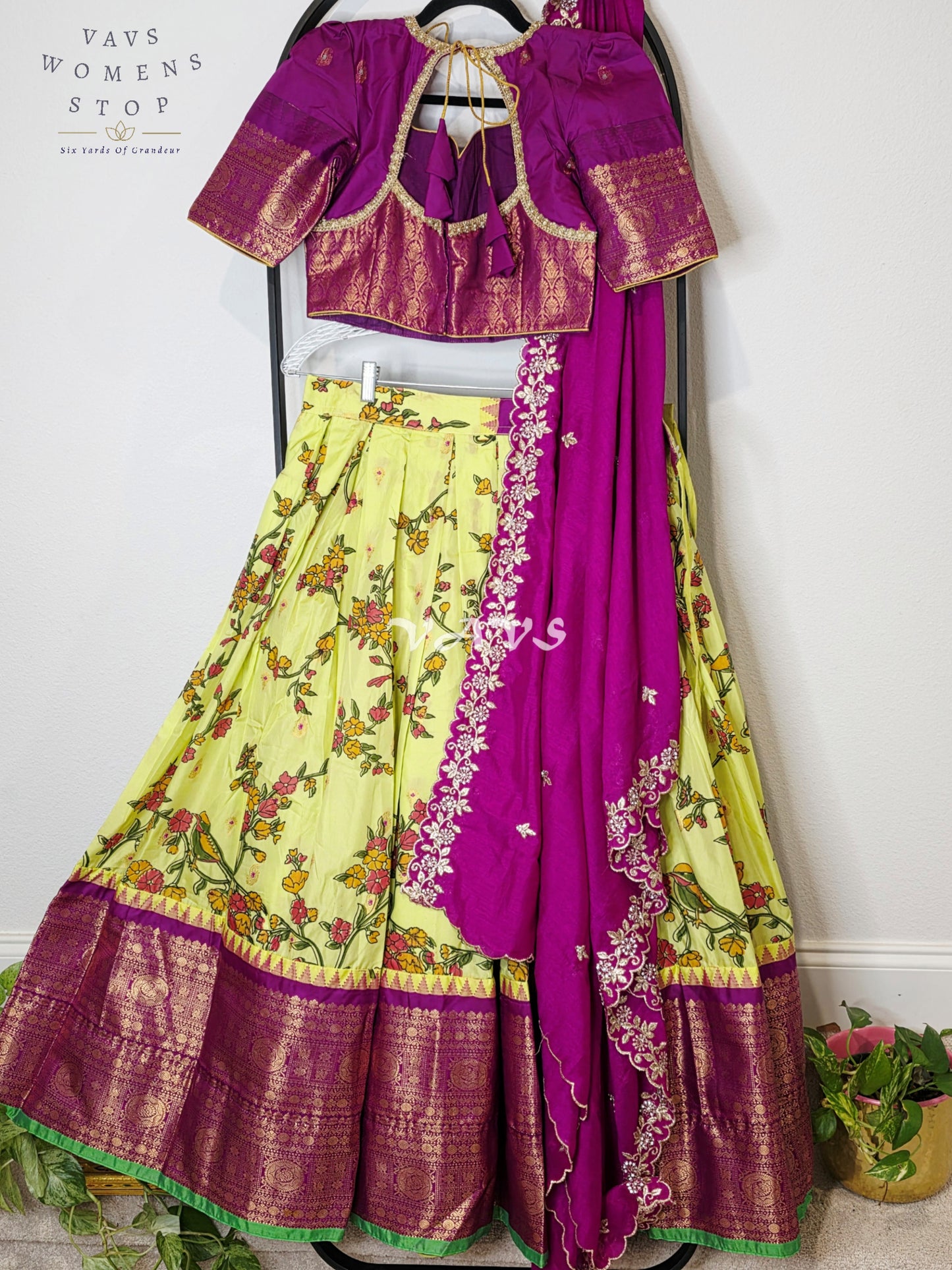 Royal Lime Chartreuse Kalamkari Semi Gadwal Lehenga Set with Rani Magenta Chinon Chiffon Dupatta & Blouse Size 36–42