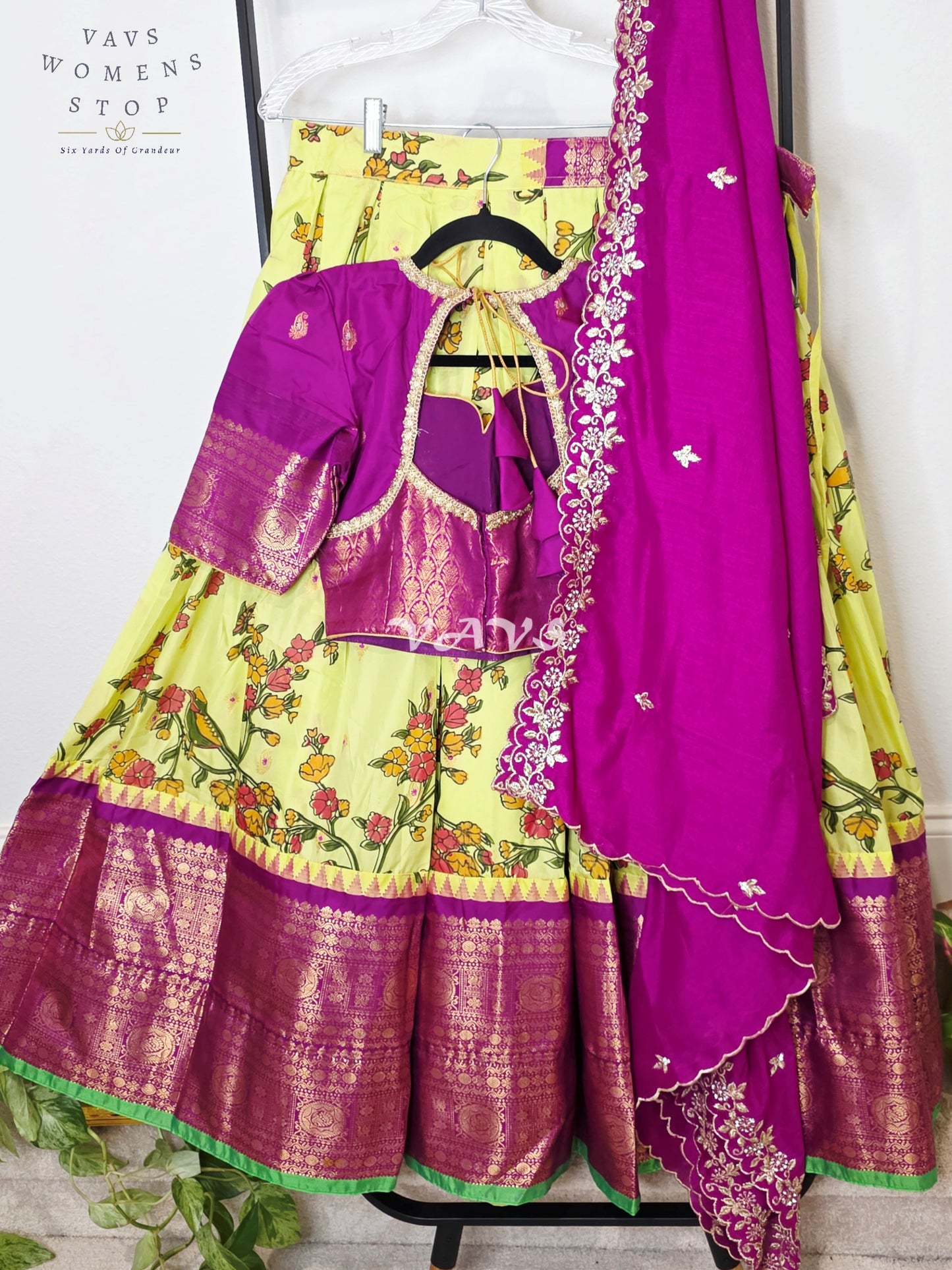 Royal Lime Chartreuse Kalamkari Semi Gadwal Lehenga Set with Rani Magenta Chinon Chiffon Dupatta & Blouse Size 36–42