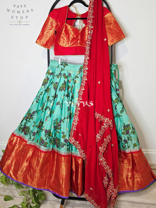 Royal Aqua Turquoise Kalamkari Floral Semi Gadwal Lehenga Set with Vermilion Red Chinon Chiffon Dupatta & Blouse Size 38–44