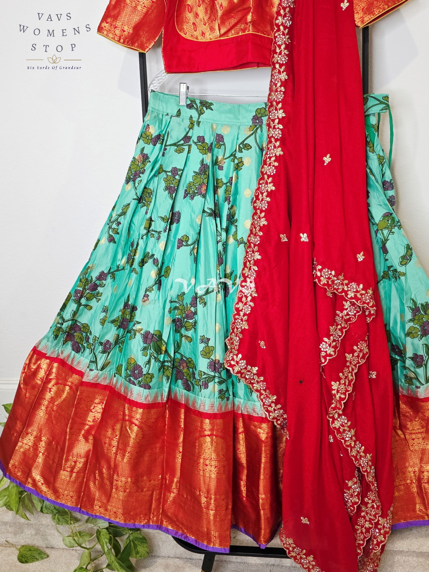 Royal Aqua Turquoise Kalamkari Floral Semi Gadwal Lehenga Set with Vermilion Red Chinon Chiffon Dupatta & Blouse Size 38–44
