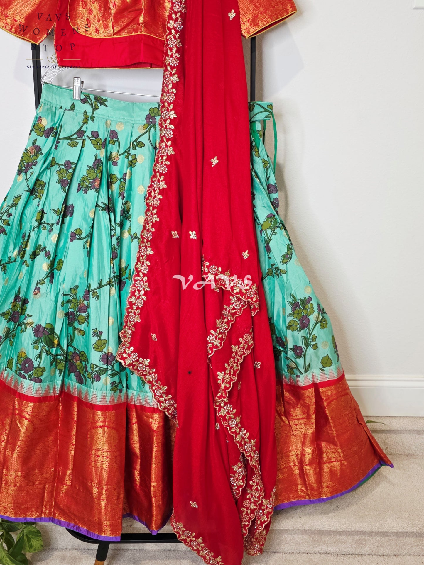 Royal Aqua Turquoise Kalamkari Floral Semi Gadwal Lehenga Set with Vermilion Red Chinon Chiffon Dupatta & Blouse Size 38–44