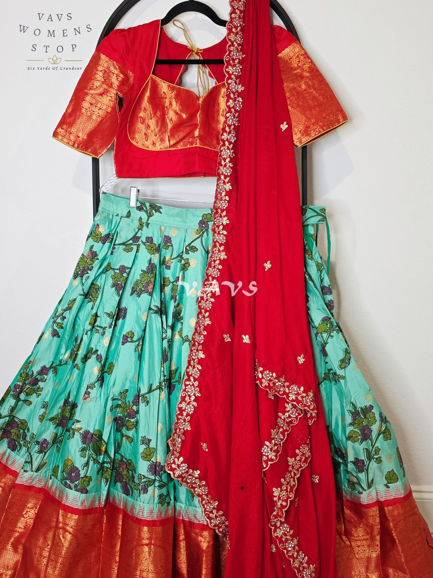 Royal Aqua Turquoise Kalamkari Floral Semi Gadwal Lehenga Set with Vermilion Red Chinon Chiffon Dupatta & Blouse Size 38–44