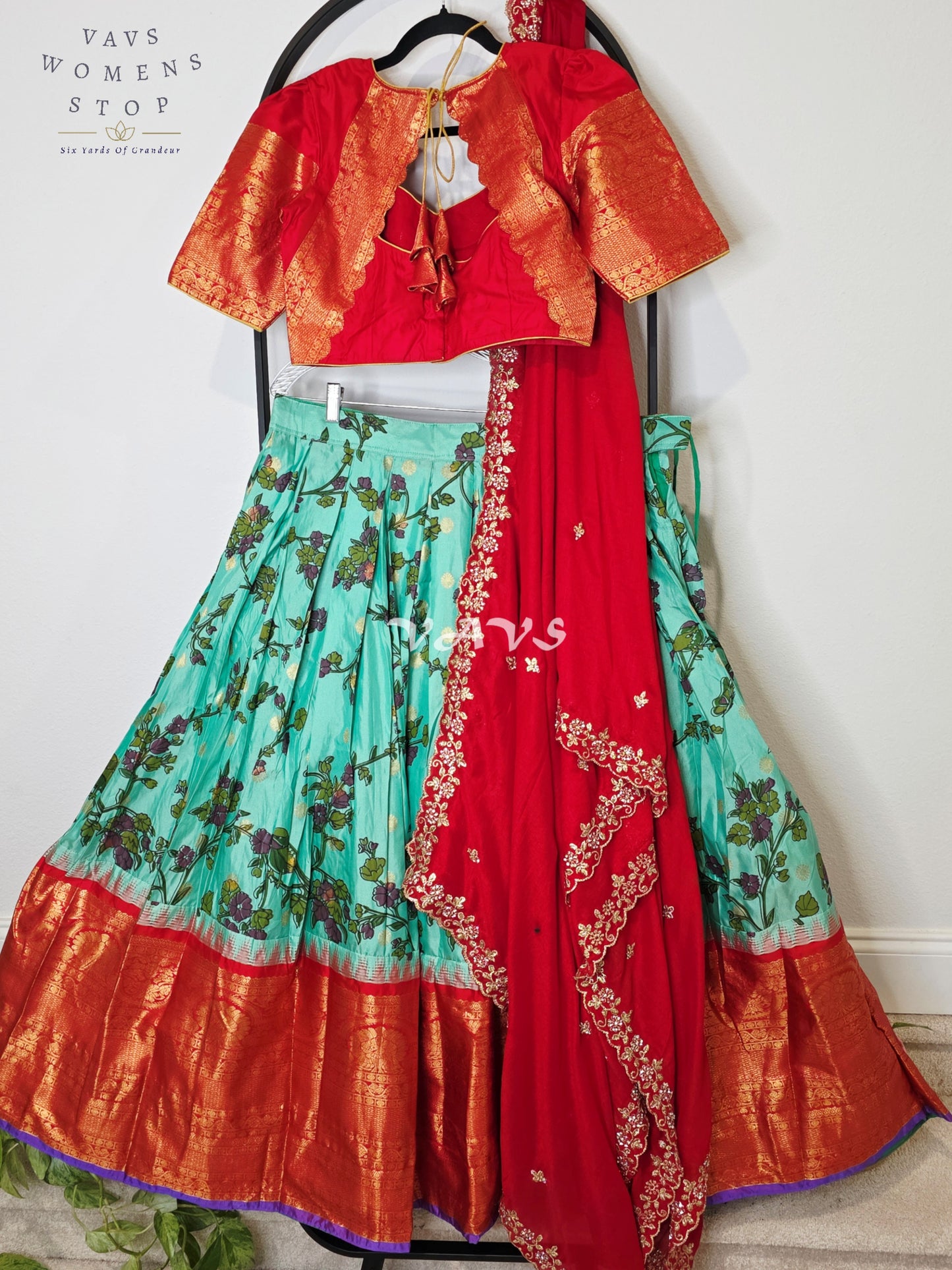 Royal Aqua Turquoise Kalamkari Floral Semi Gadwal Lehenga Set with Vermilion Red Chinon Chiffon Dupatta & Blouse Size 38–44