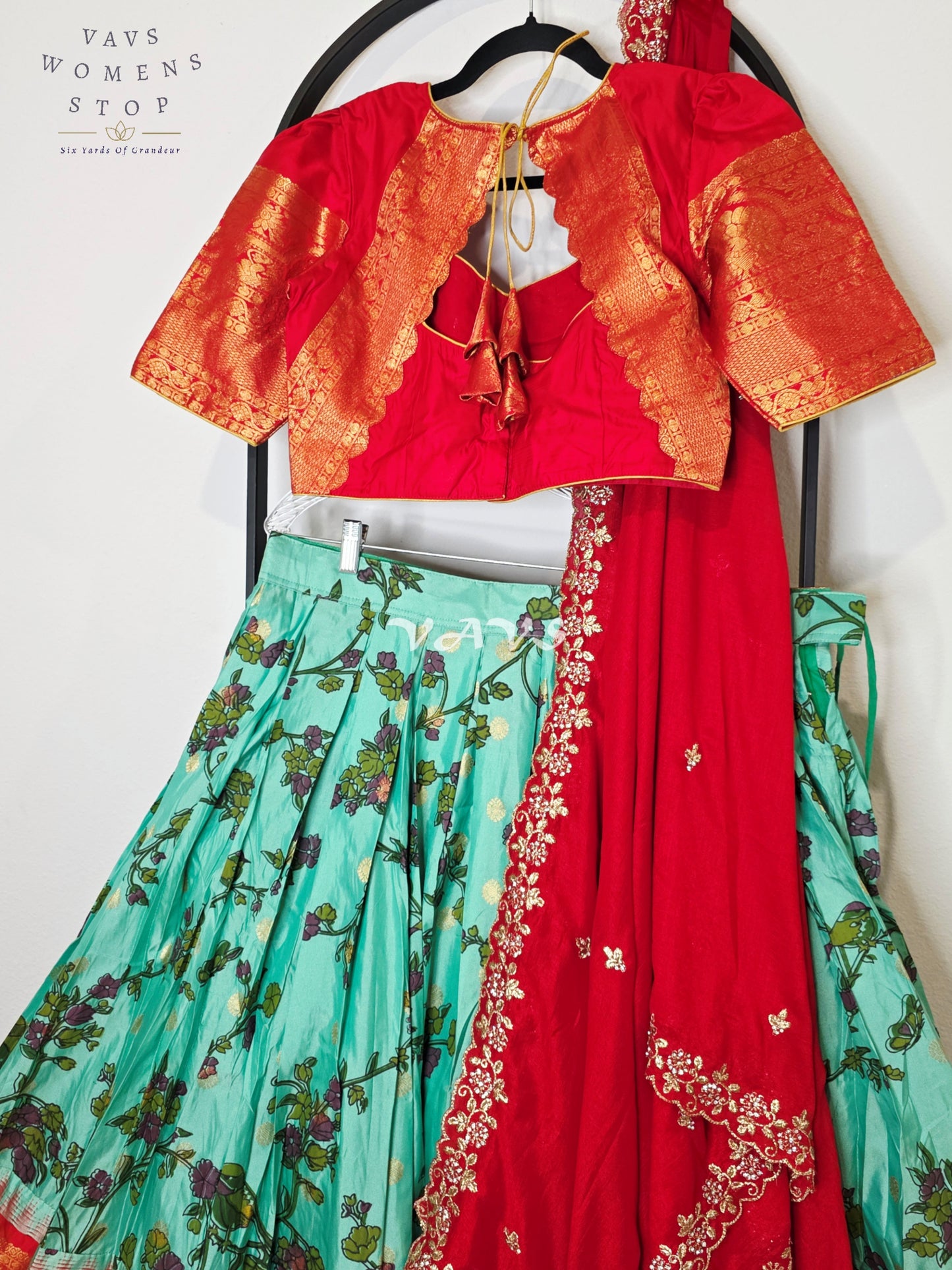 Royal Aqua Turquoise Kalamkari Floral Semi Gadwal Lehenga Set with Vermilion Red Chinon Chiffon Dupatta & Blouse Size 38–44