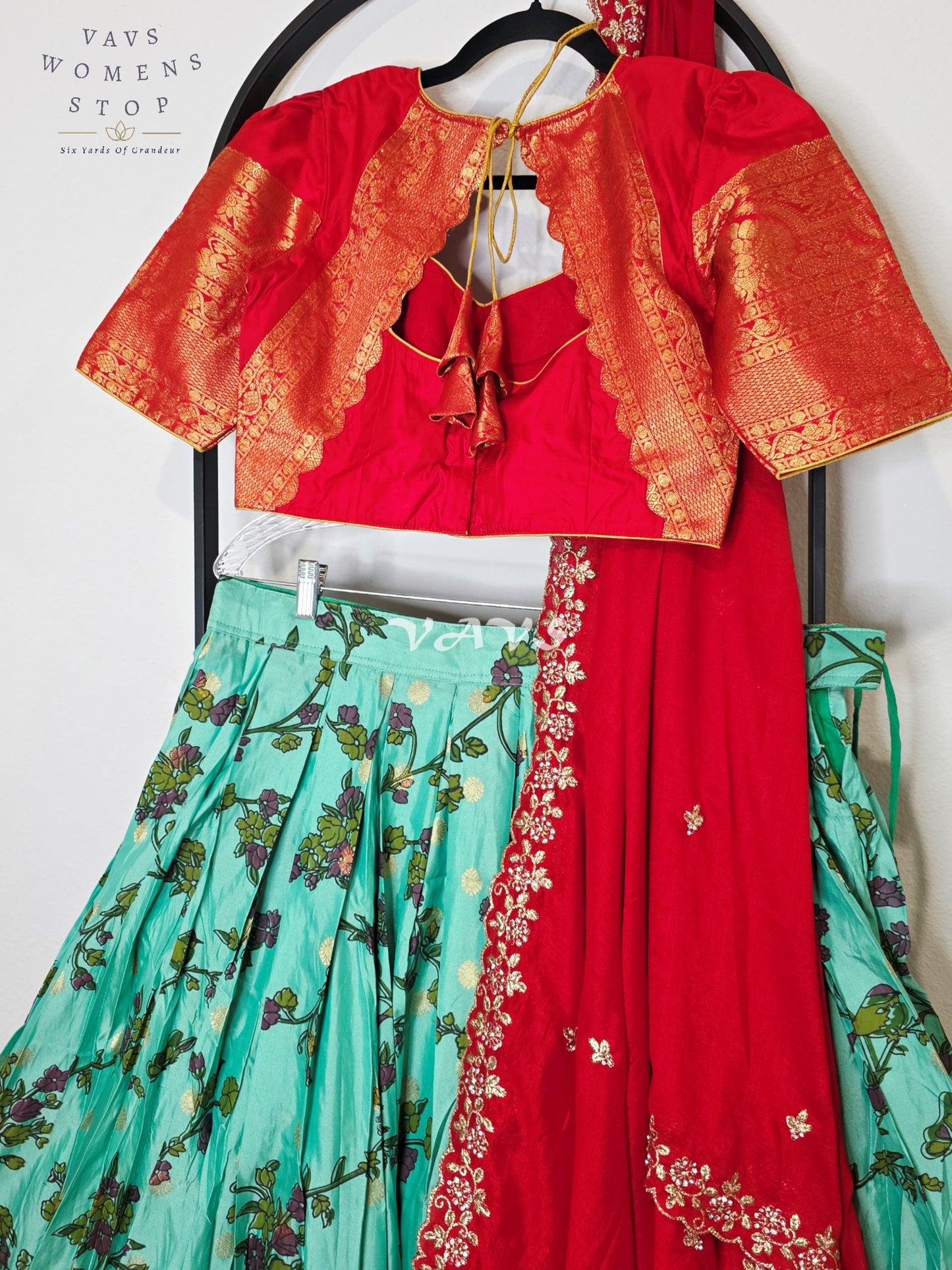 Royal Aqua Turquoise Kalamkari Floral Semi Gadwal Lehenga Set with Vermilion Red Chinon Chiffon Dupatta & Blouse Size 38–44