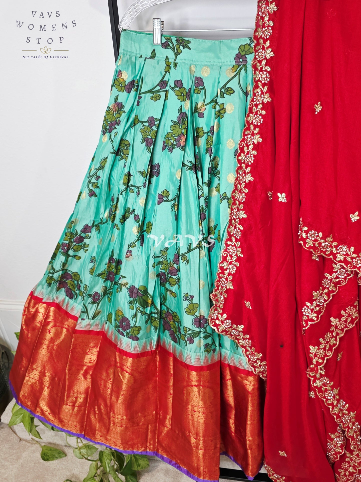 Royal Aqua Turquoise Kalamkari Floral Semi Gadwal Lehenga Set with Vermilion Red Chinon Chiffon Dupatta & Blouse Size 38–44