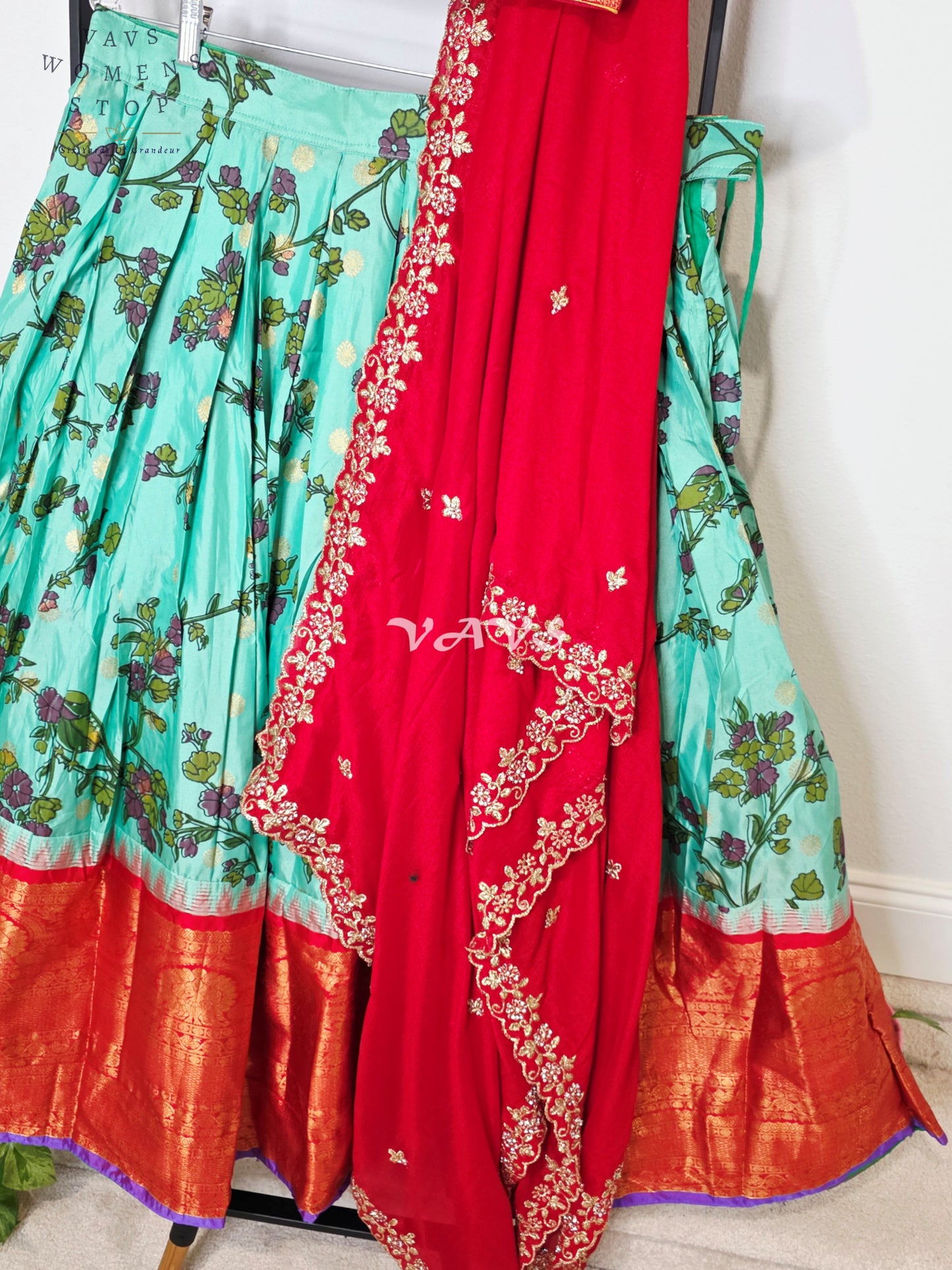 Royal Aqua Turquoise Kalamkari Floral Semi Gadwal Lehenga Set with Vermilion Red Chinon Chiffon Dupatta & Blouse Size 38–44