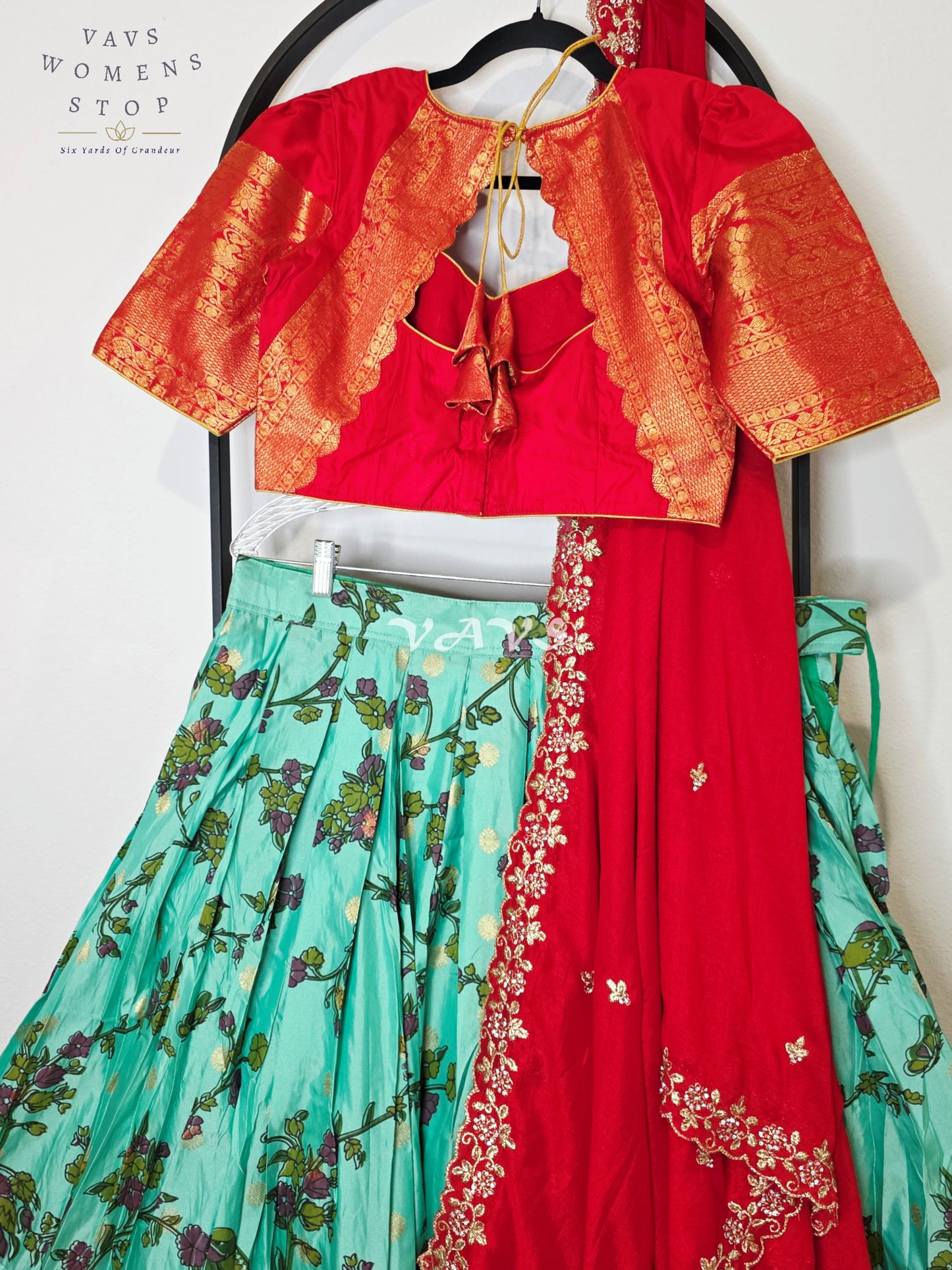 Royal Aqua Turquoise Kalamkari Floral Semi Gadwal Lehenga Set with Vermilion Red Chinon Chiffon Dupatta & Blouse Size 38–44
