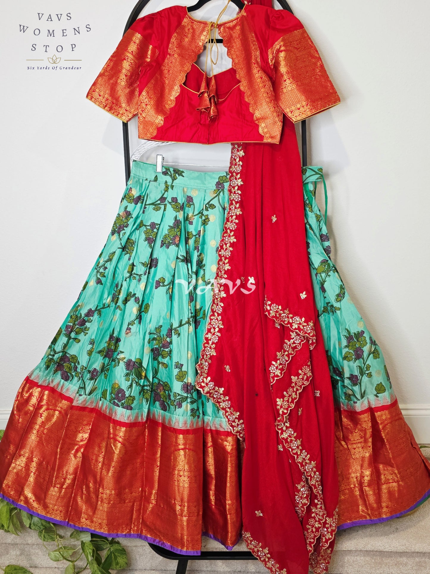 Royal Aqua Turquoise Kalamkari Floral Semi Gadwal Lehenga Set with Vermilion Red Chinon Chiffon Dupatta & Blouse Size 38–44