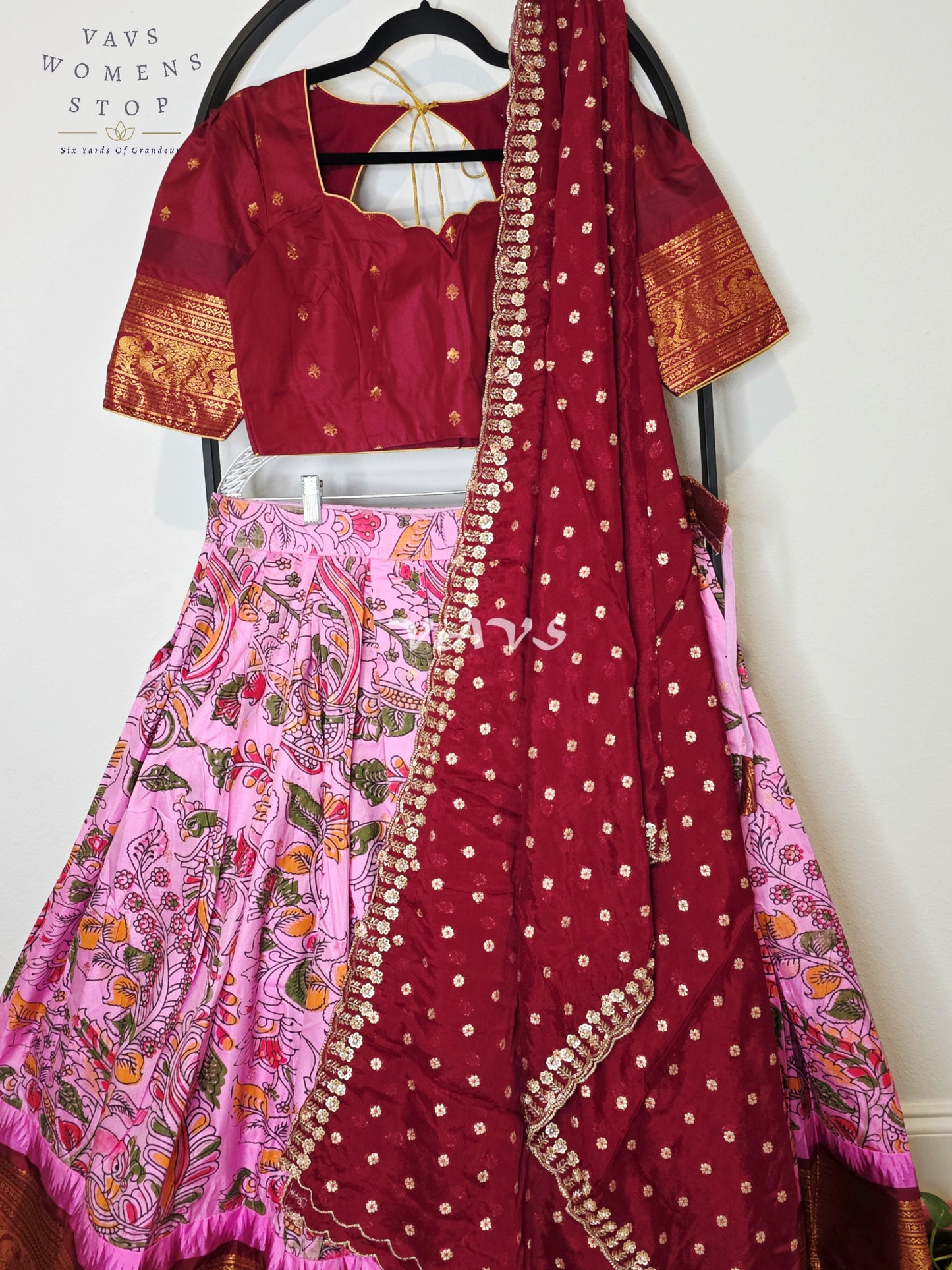 Royal Rose Blush Kalamkari Semi Gadwal Lehenga Set with Deep Wine Chinon Chiffon Dupatta & Blouse Size 38–44