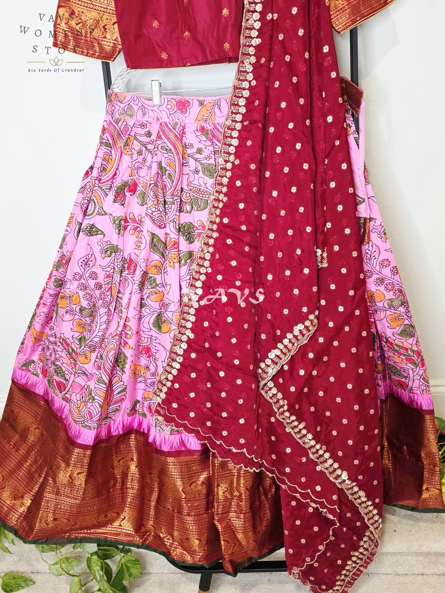Royal Rose Blush Kalamkari Semi Gadwal Lehenga Set with Deep Wine Chinon Chiffon Dupatta & Blouse Size 38–44