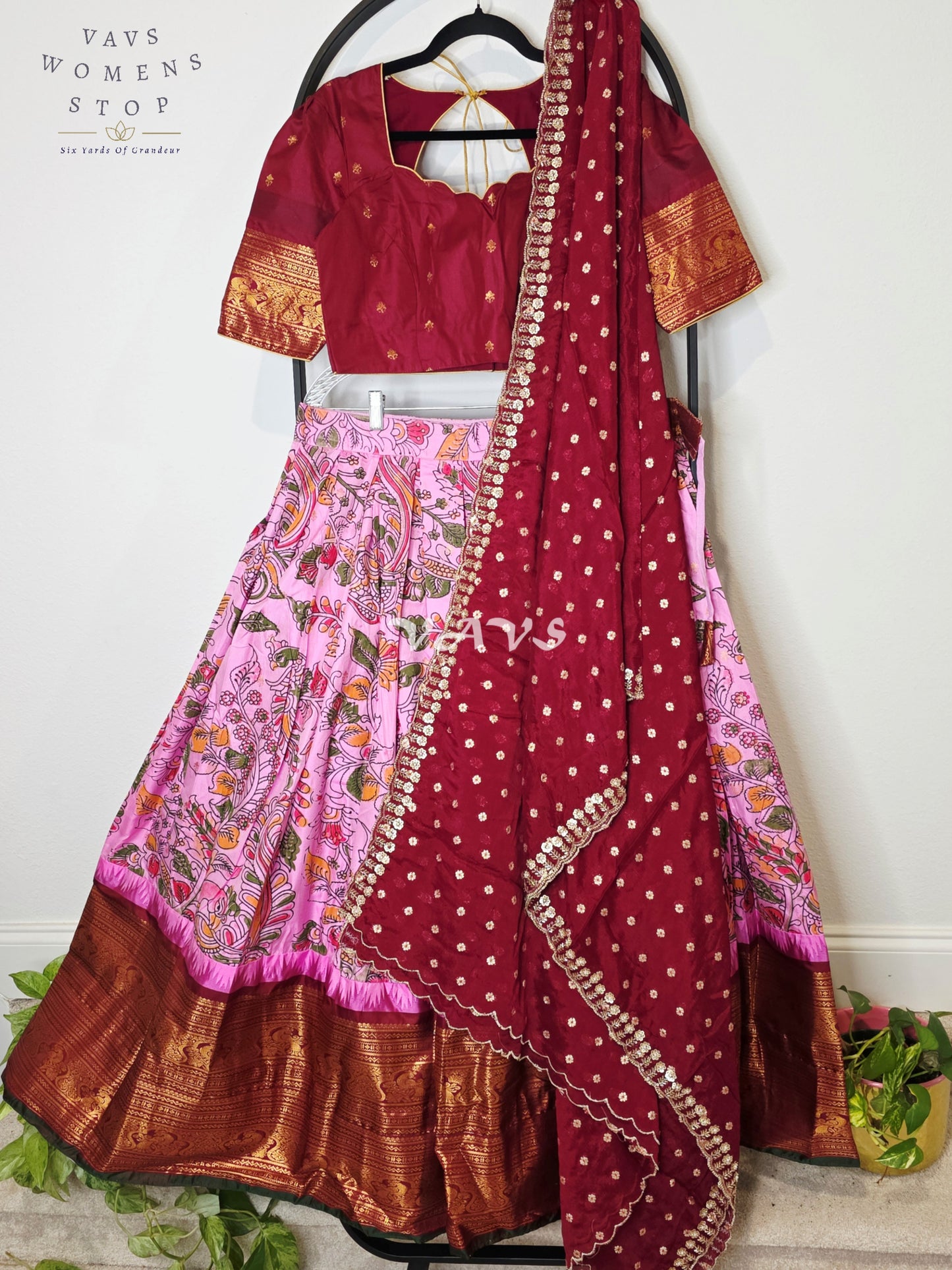 Royal Rose Blush Kalamkari Semi Gadwal Lehenga Set with Deep Wine Chinon Chiffon Dupatta & Blouse Size 38–44